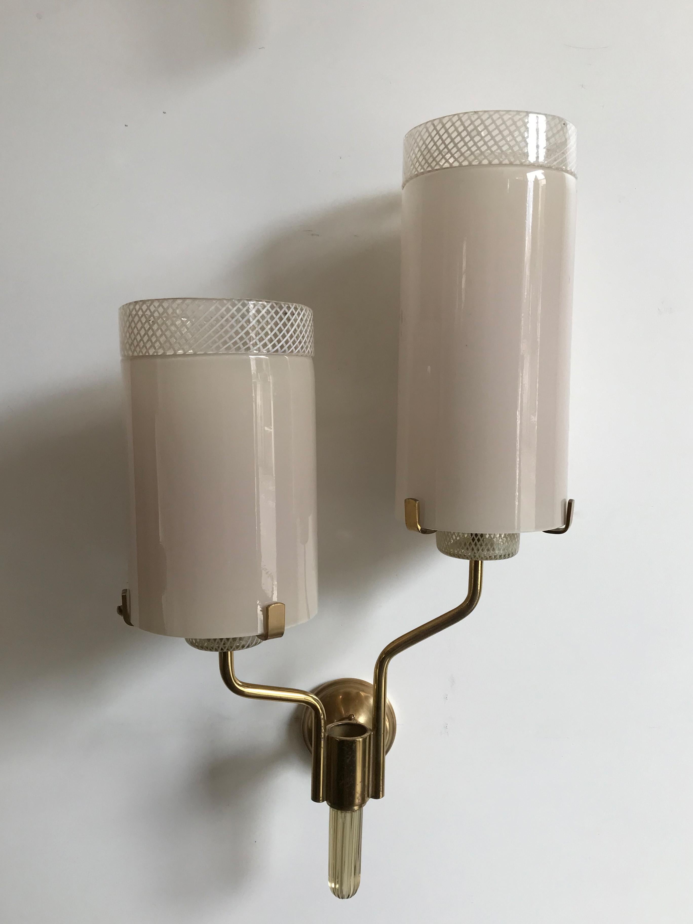 Murano Italian Midcentury Brass Glass Sconces  Wall Lamps, 1950s 4