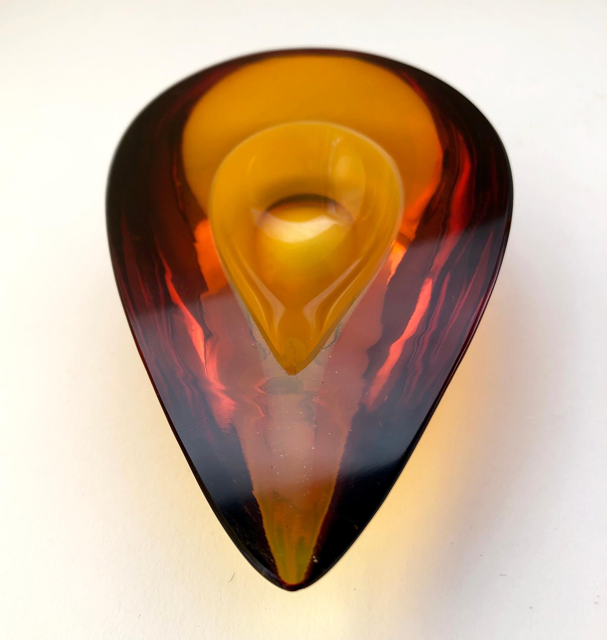 Mid-20th Century Murano Italian Modernist Amber Sommerso Small Teardrop Bowl For Sale