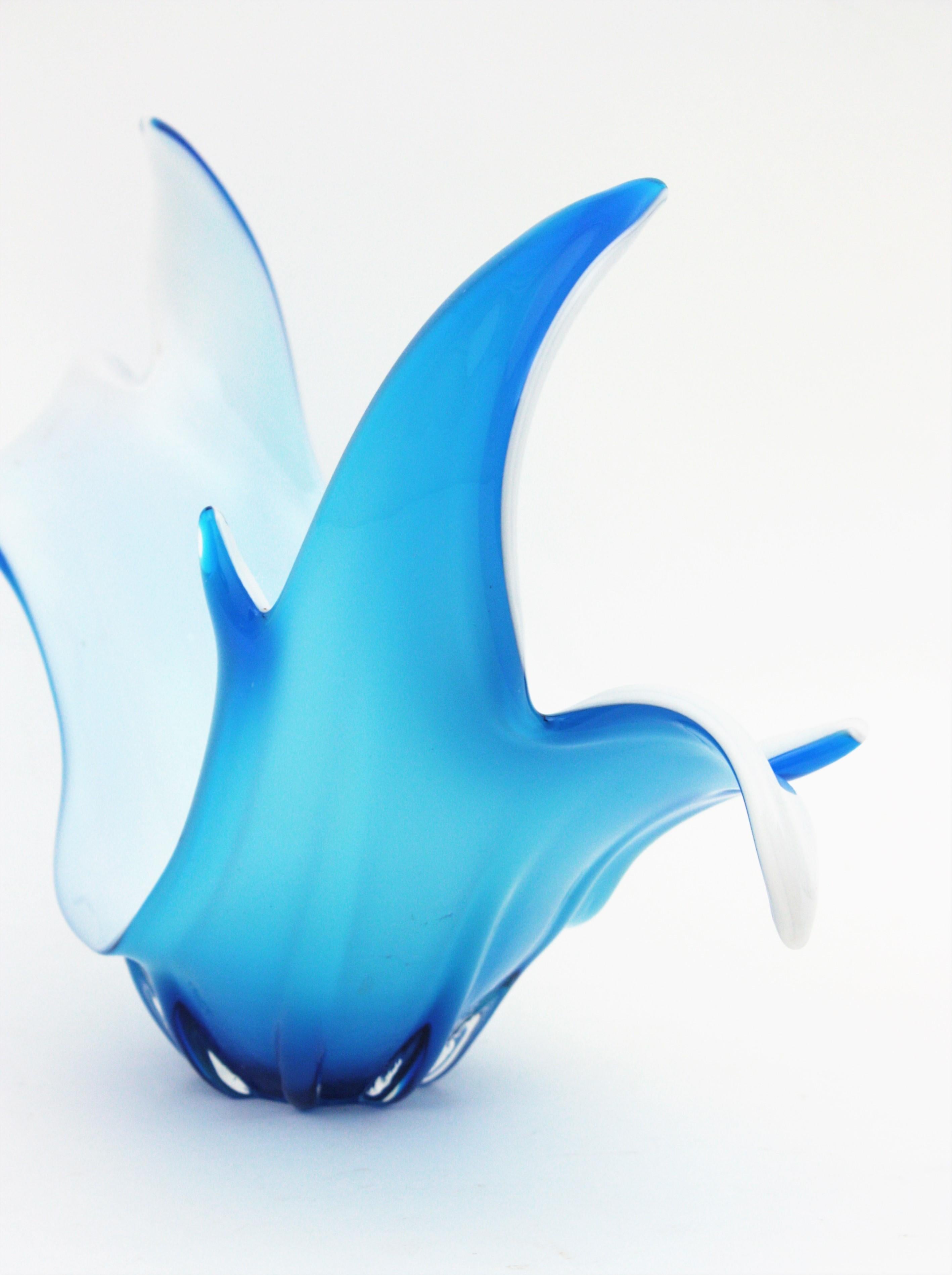 20th Century Murano Italian Modernist Blue White Glass Centerpiece Vase 