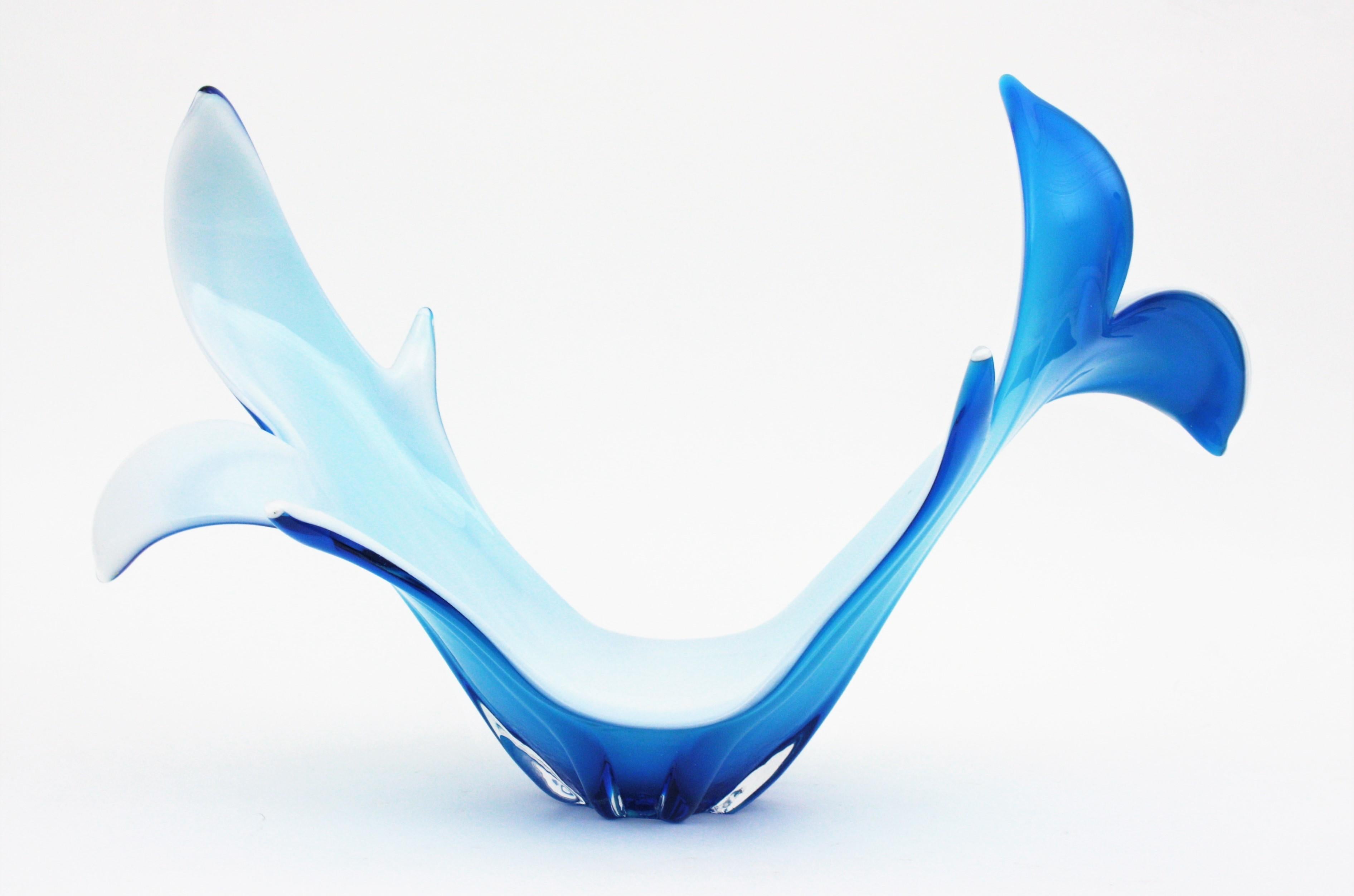 Art Glass Murano Italian Modernist Blue White Glass Centerpiece Vase 