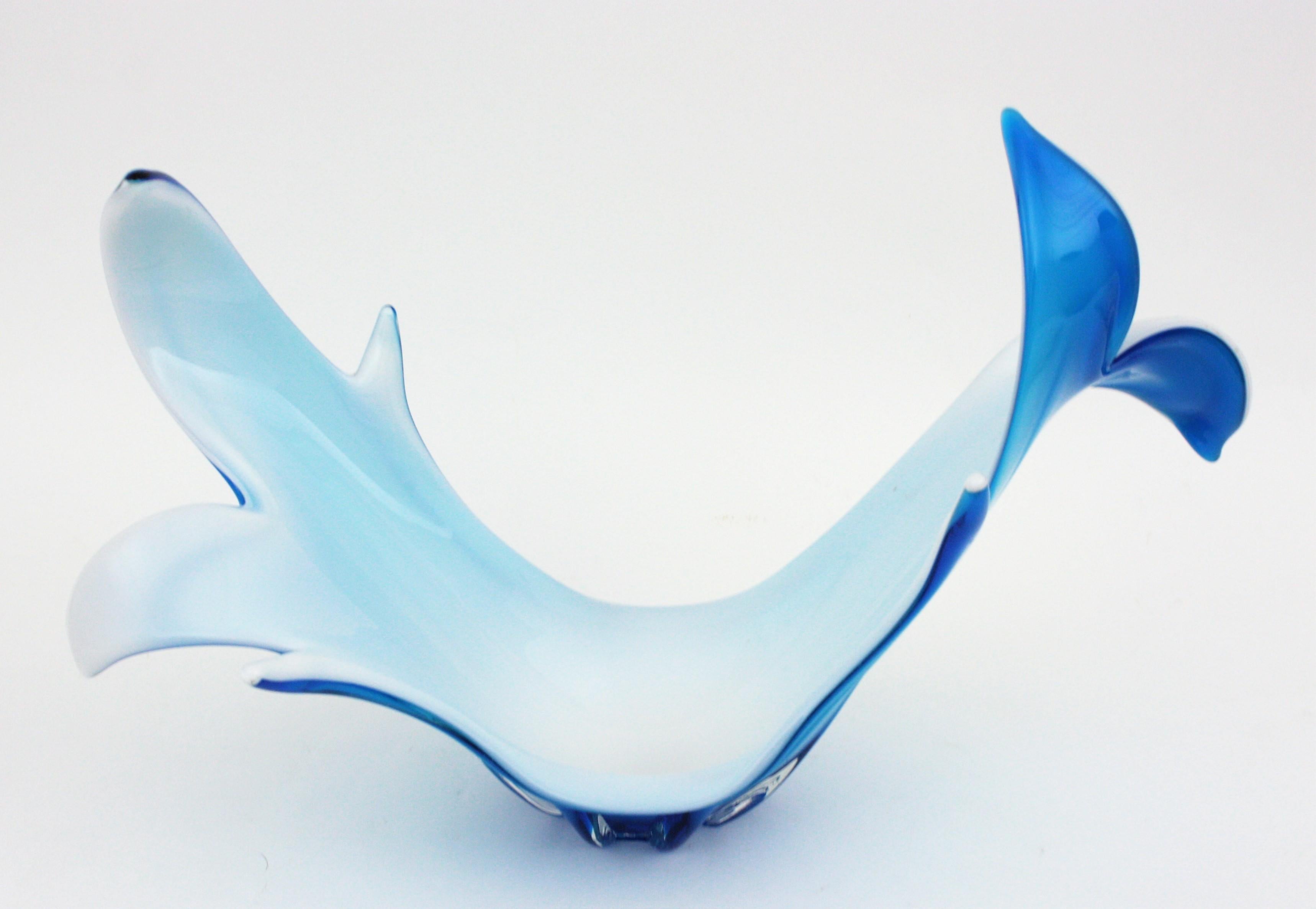 Murano Italian Modernist Blue White Glass Centerpiece Vase  1