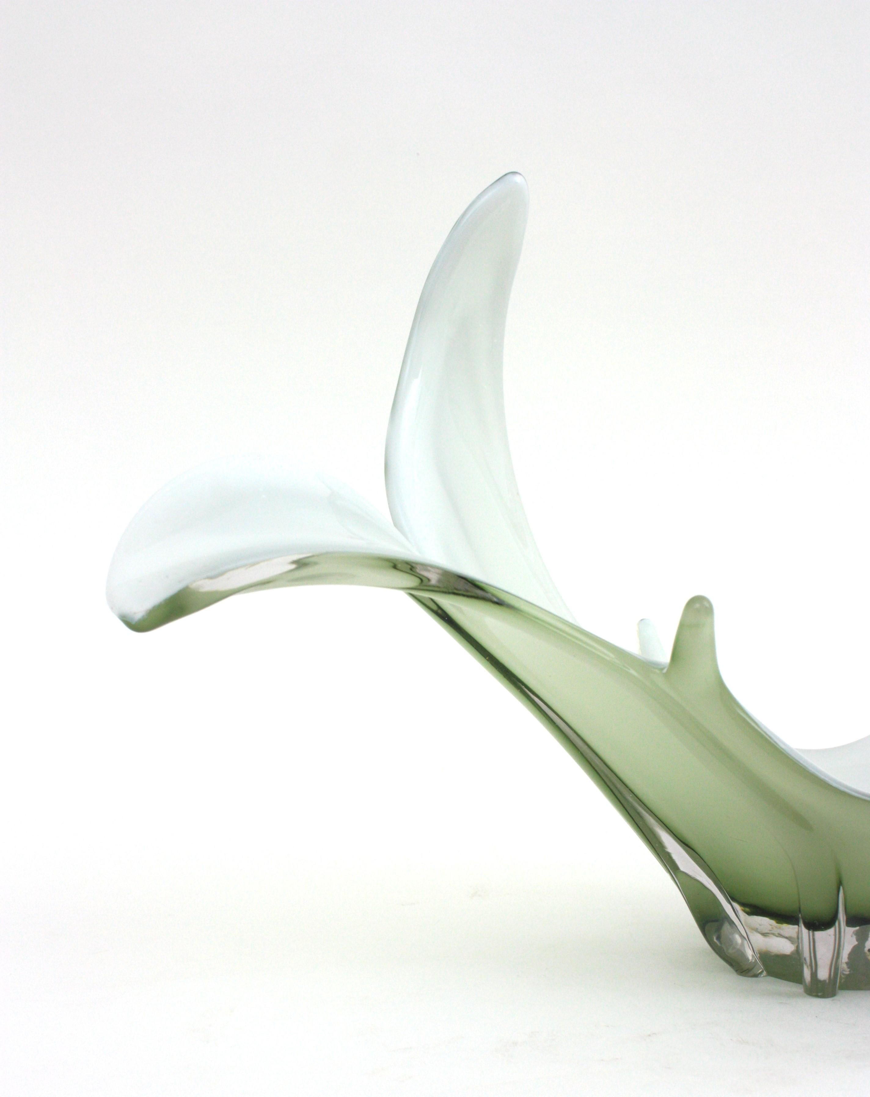 Murano Italian Modernist Pale Green White Glass Centerpiece Vase  For Sale 5