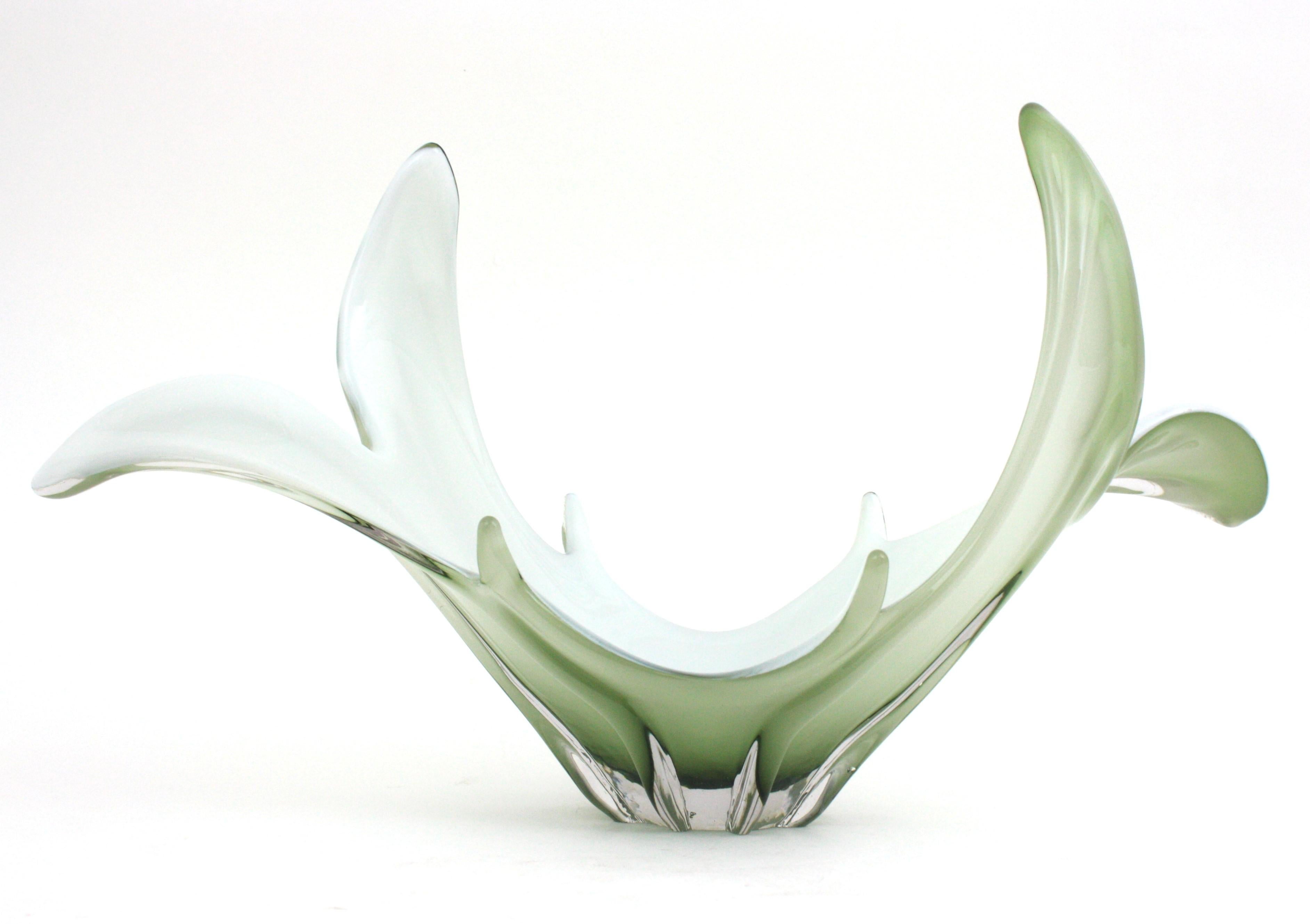 Mid-Century Modern Murano Italian Modernist Pale Green White Glass Centerpiece Vase  For Sale
