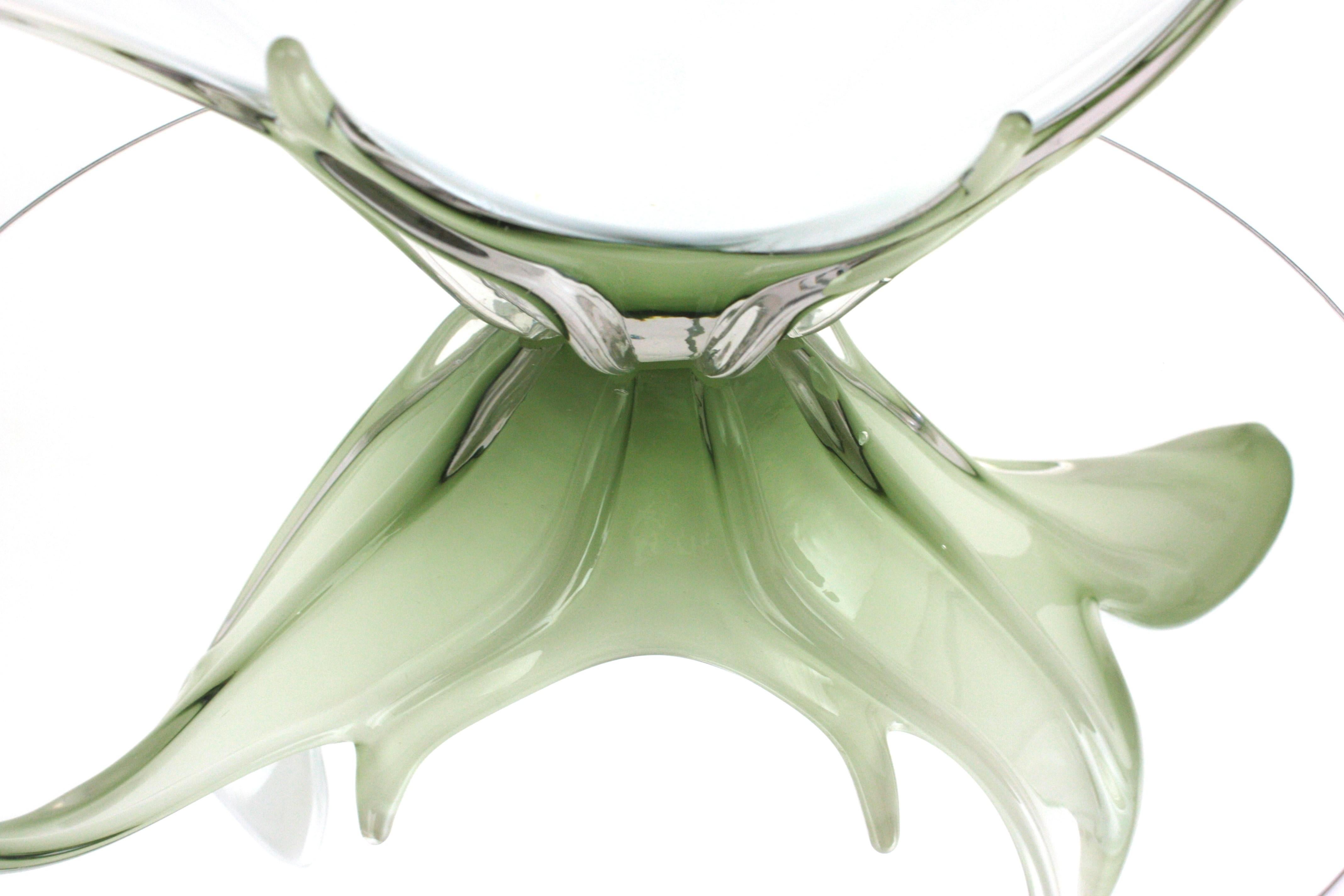 Hand-Crafted Murano Italian Modernist Pale Green White Glass Centerpiece Vase  For Sale