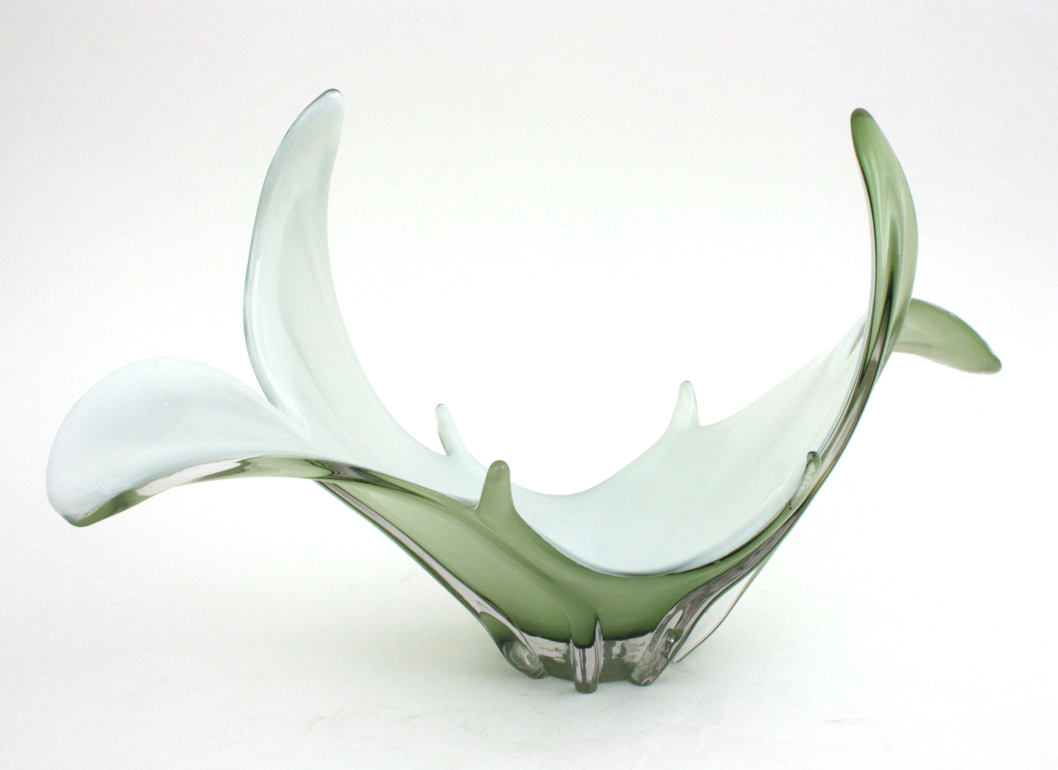Murano Italian Modernist Pale Green White Glass Centerpiece Vase  For Sale 1