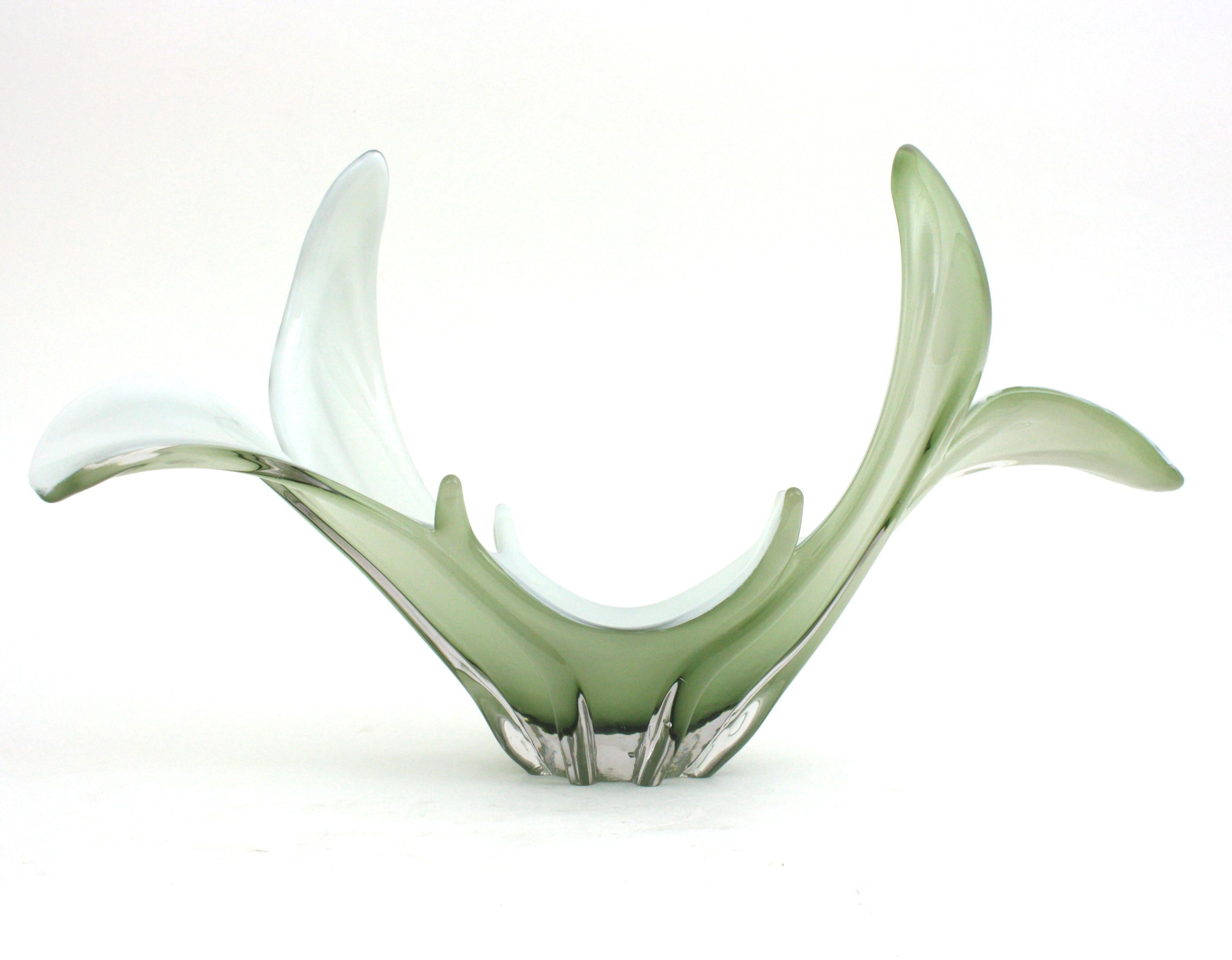 Murano Italian Modernist Pale Green White Glass Centerpiece Vase  For Sale 2