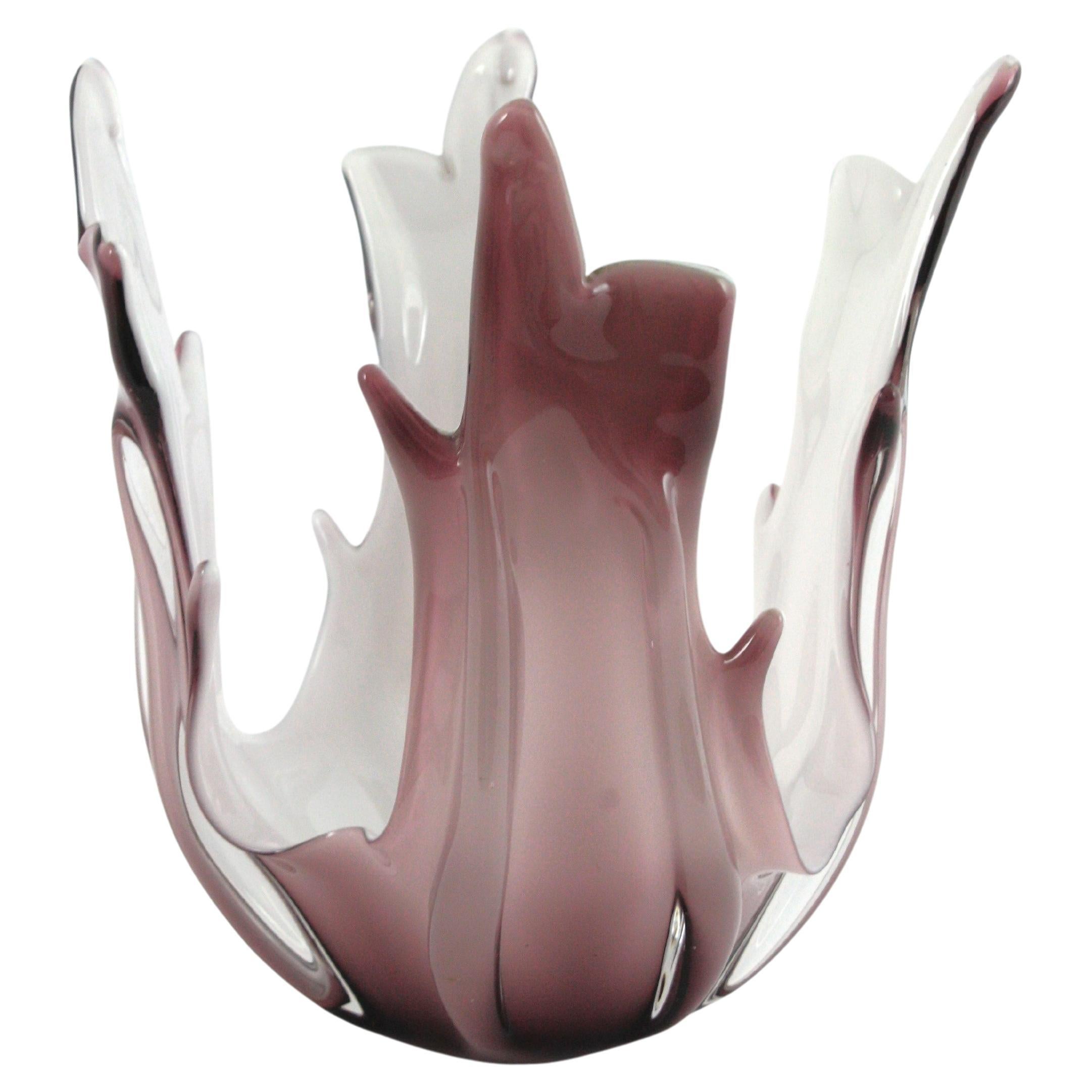 Murano Italian Modernist Purple White Glass Centerpiece Vase, Organic Design