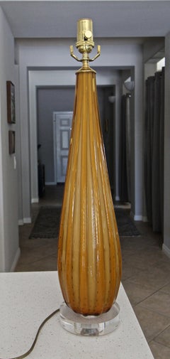 Murano Italian Orange Ribbed Glass Table Lamp