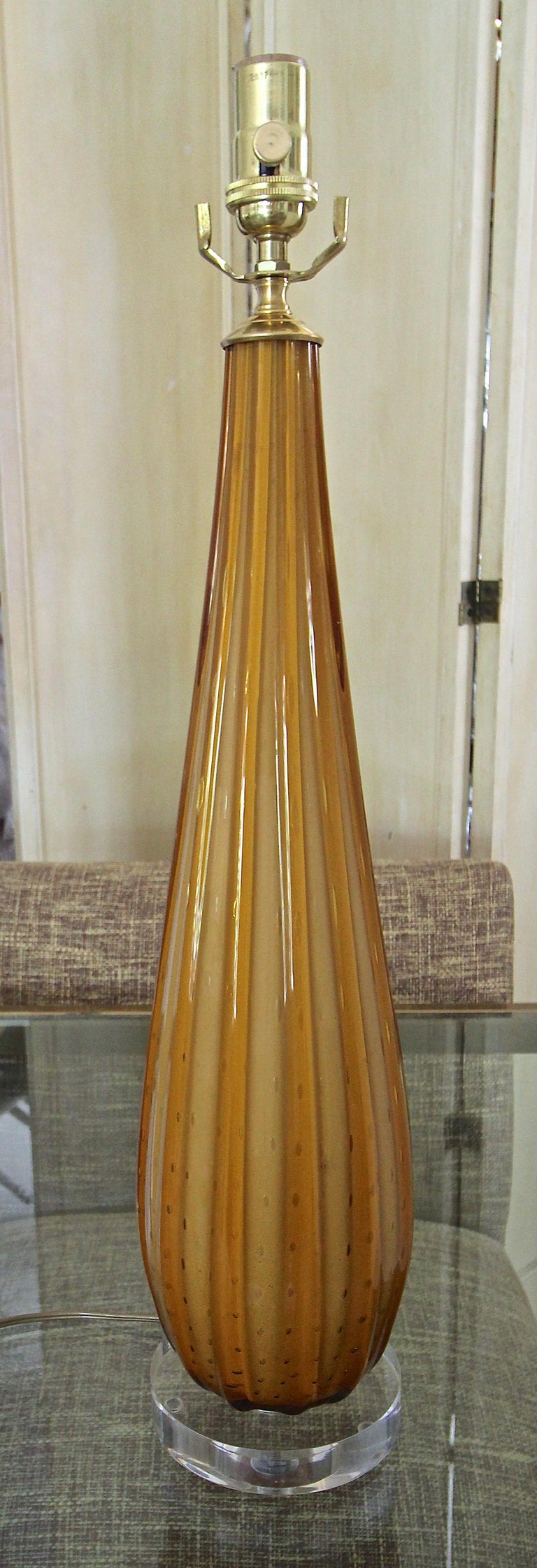 Murano Italian Orange Ribbed Glass Table Lamp For Sale 1