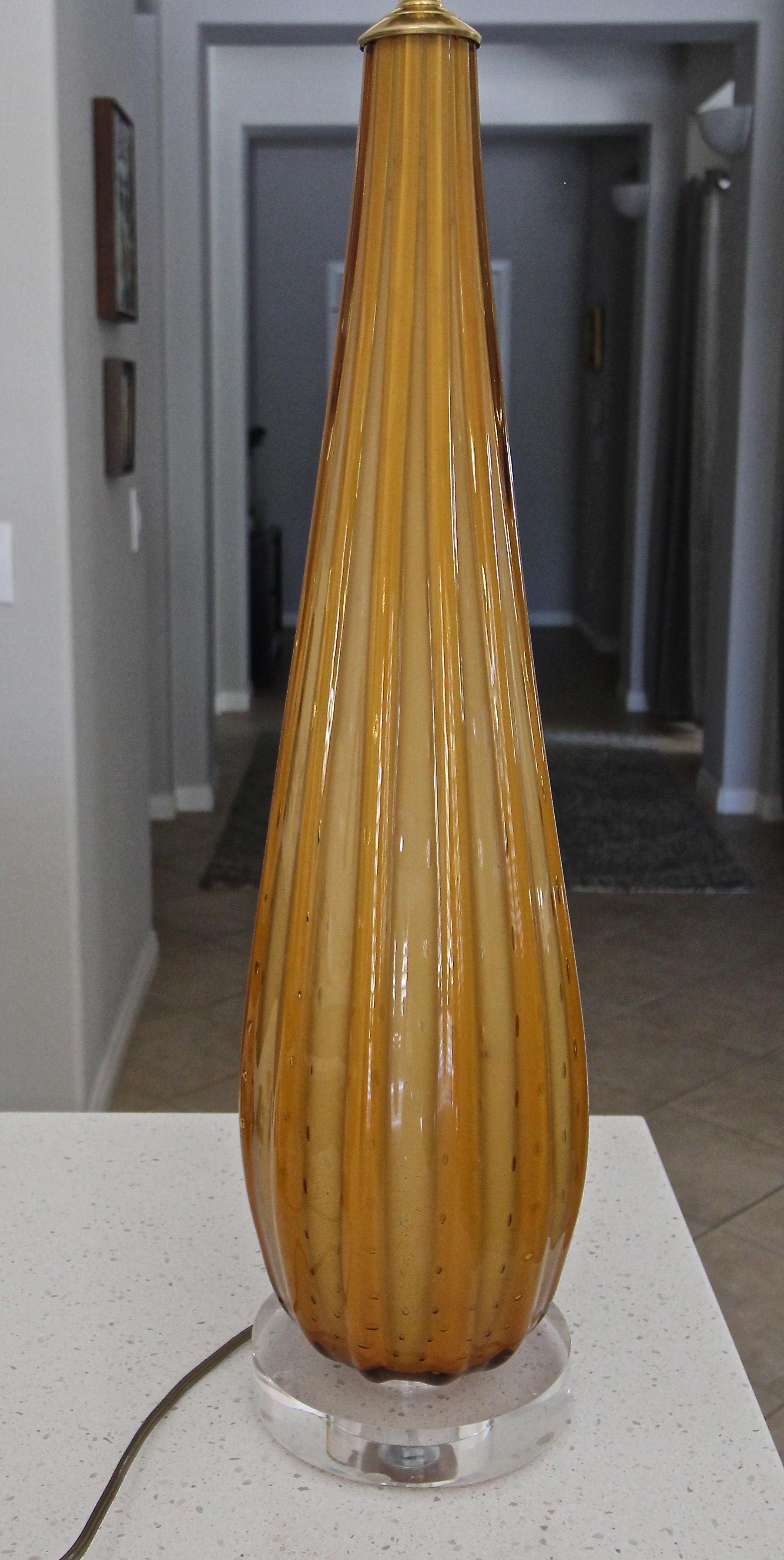 Murano Italian Orange Ribbed Glass Table Lamp For Sale 2