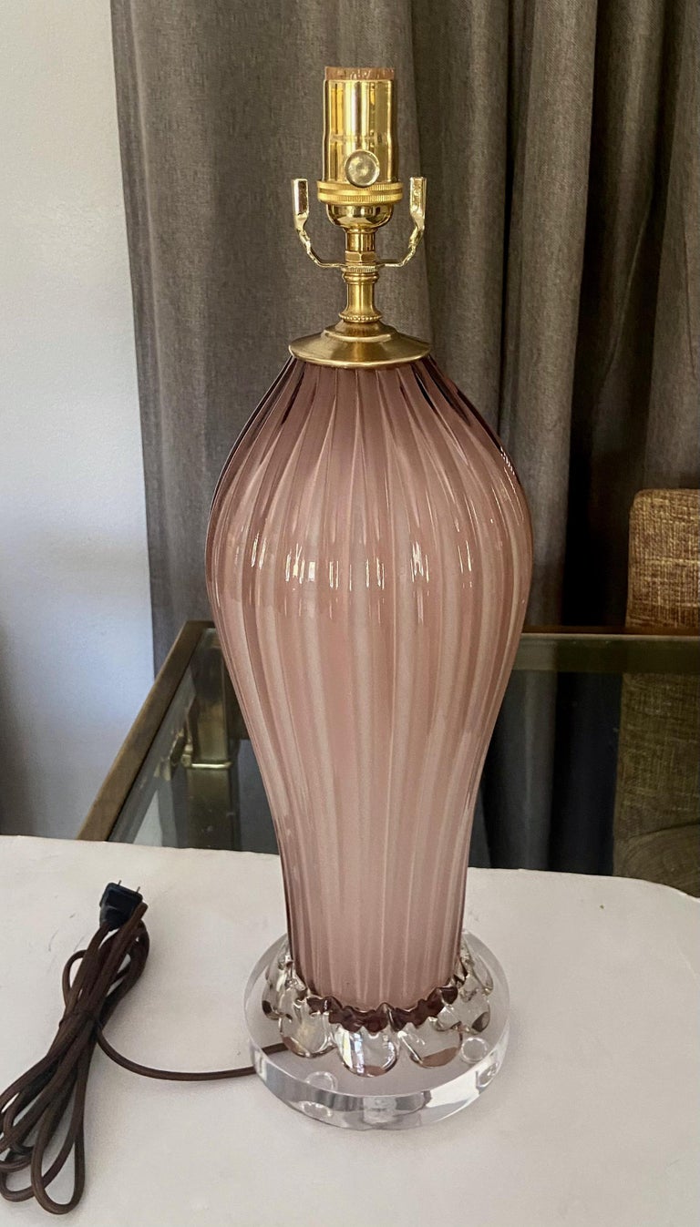Murano Italian Pink Mauve Ribbed Glass Table Lamp at 1stDibs