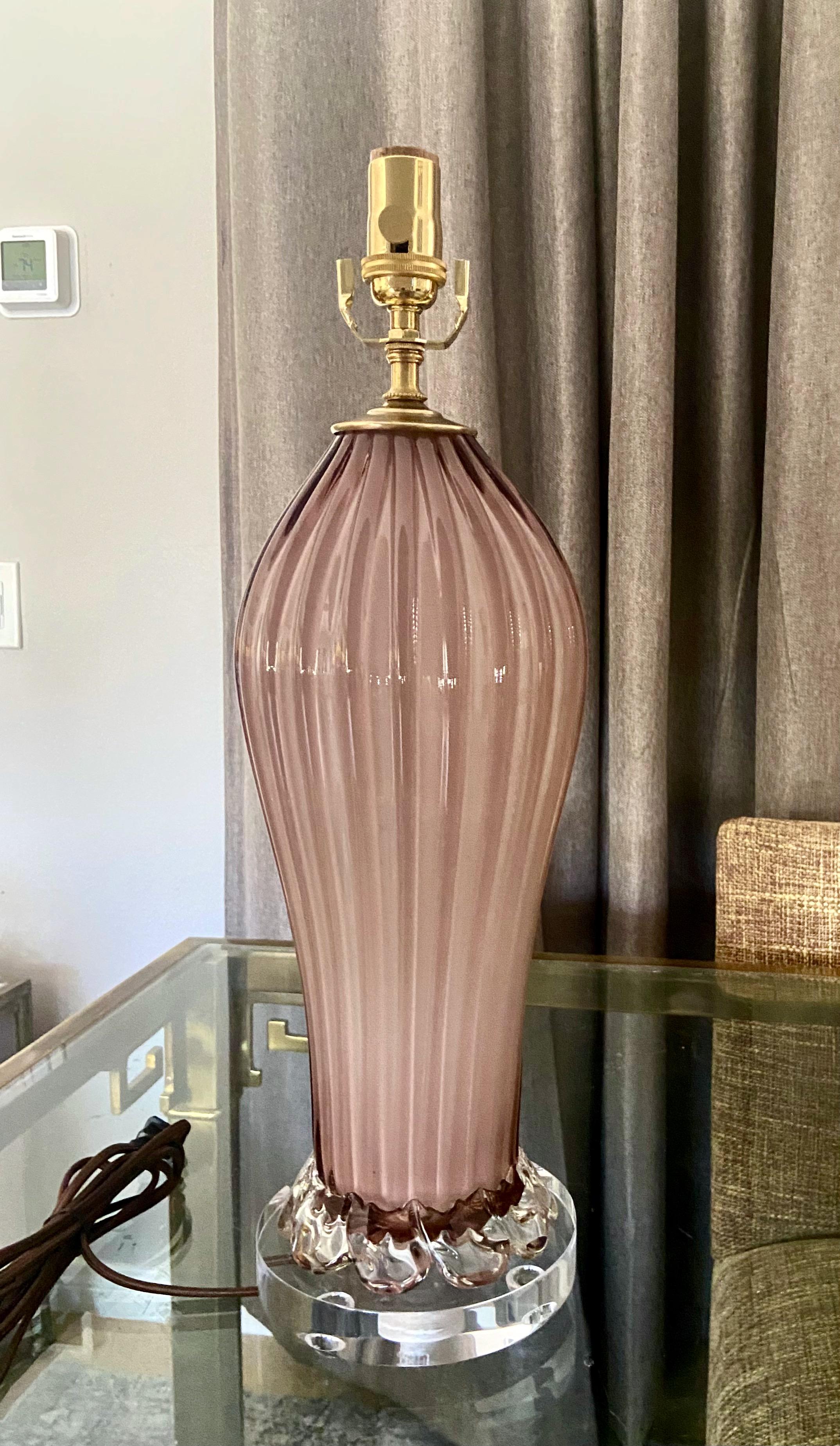 Murano Italian Pink Mauve Ribbed Glass Table Lamp 7