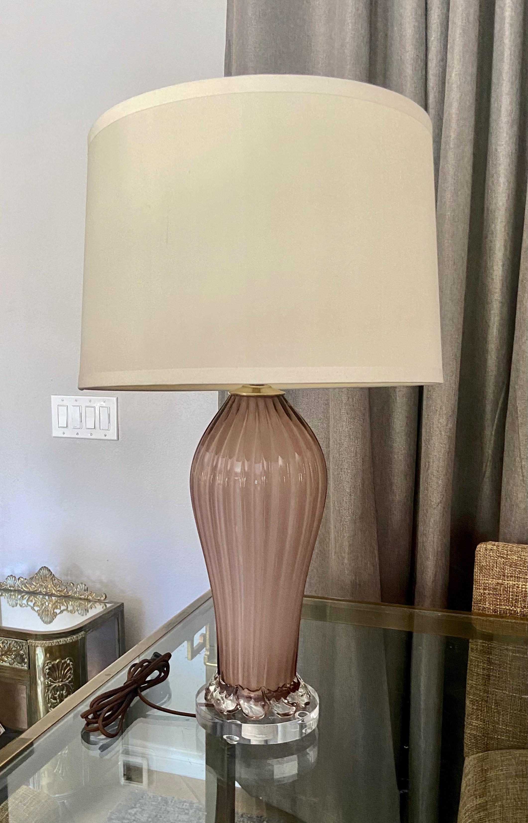 Murano Italian Pink Mauve Ribbed Glass Table Lamp 8