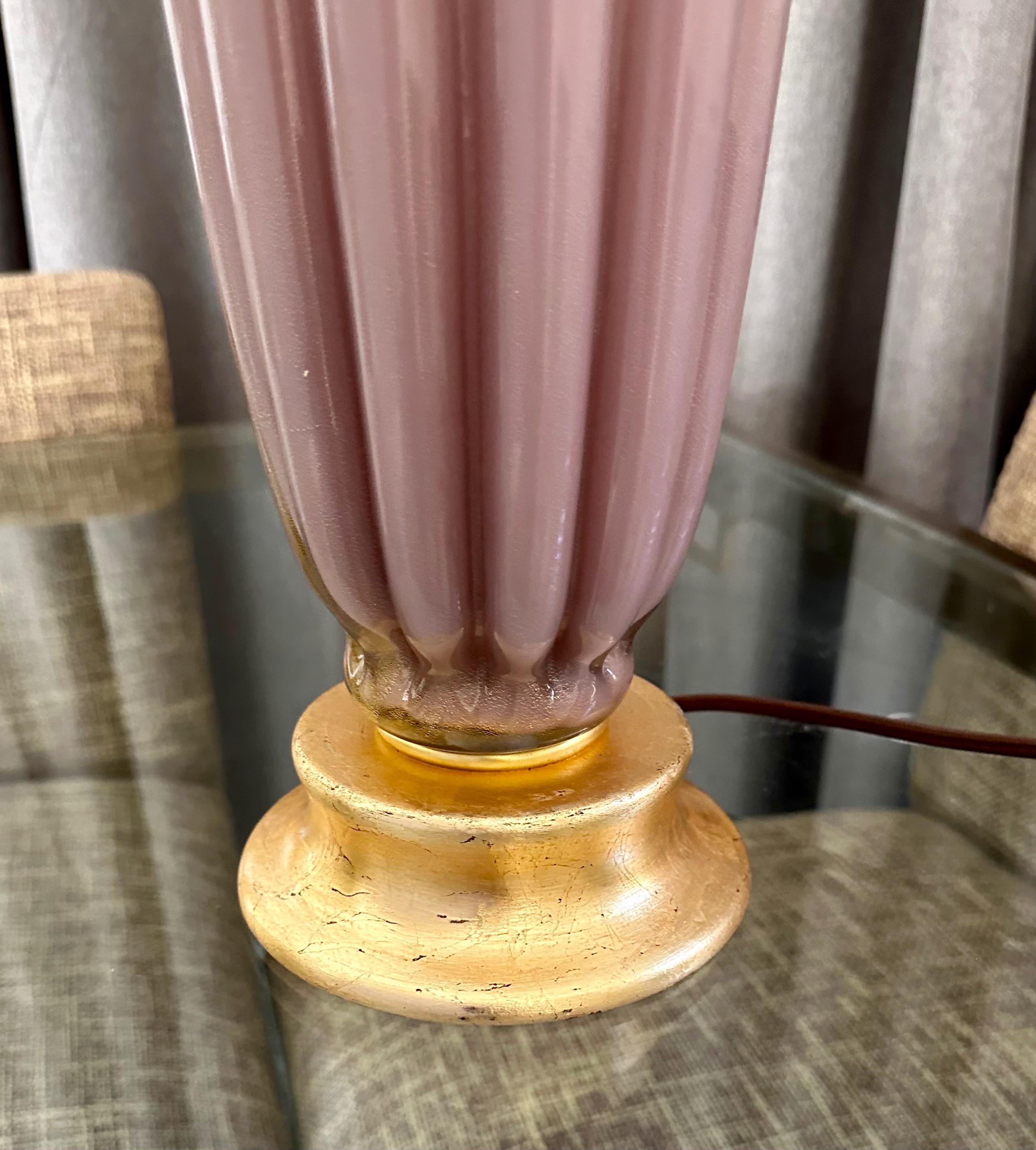 Murano Italian Pink Mauve Ribbed Glass Table Lamp For Sale 8