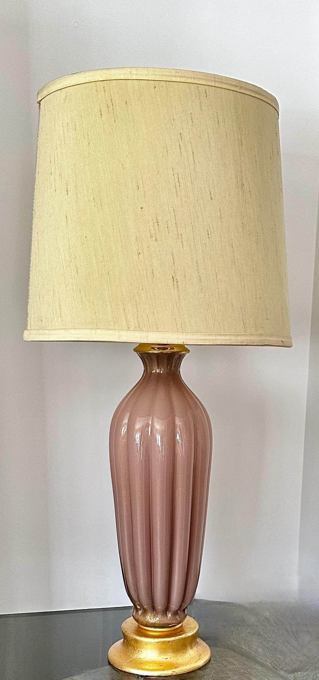 Murano Italian Pink Mauve Ribbed Glass Table Lamp For Sale 9