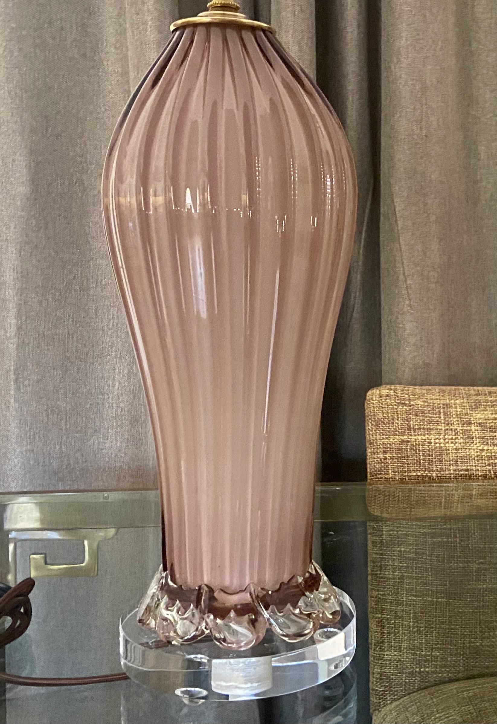 Brass Murano Italian Pink Mauve Ribbed Glass Table Lamp