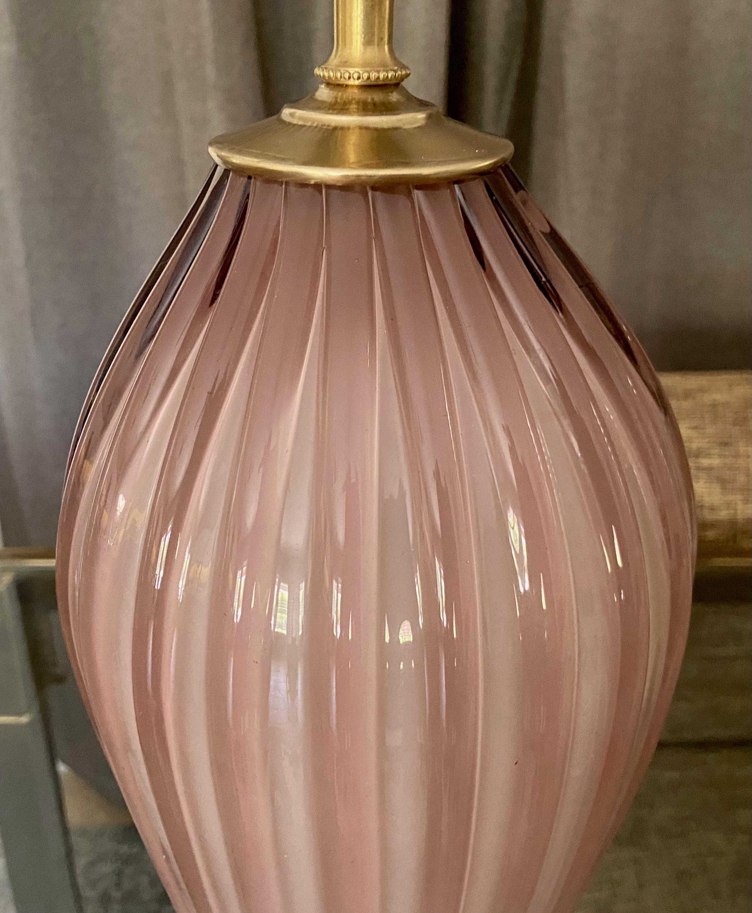Murano Italian Pink Mauve Ribbed Glass Table Lamp 1