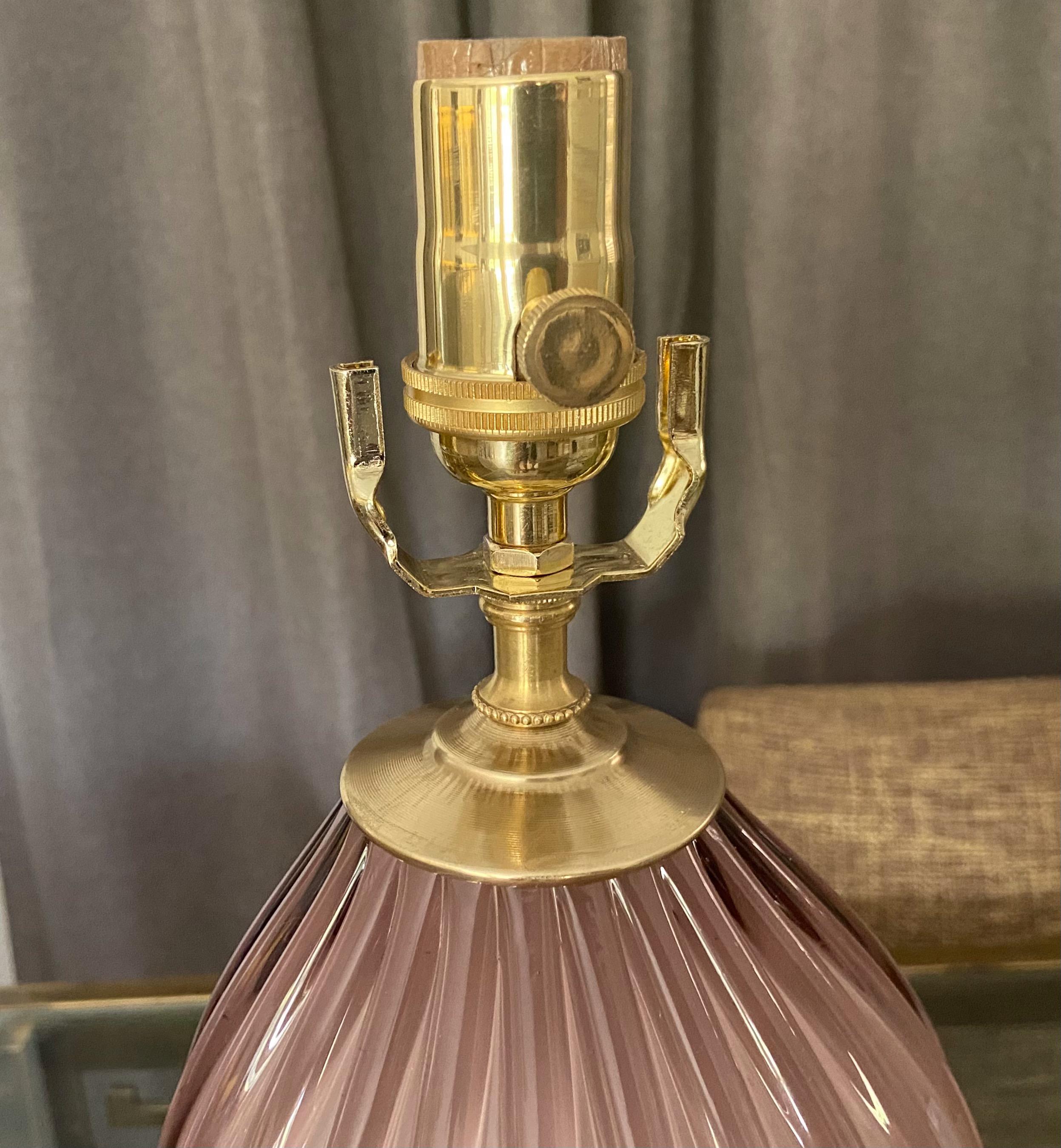 Murano Italian Pink Mauve Ribbed Glass Table Lamp 2