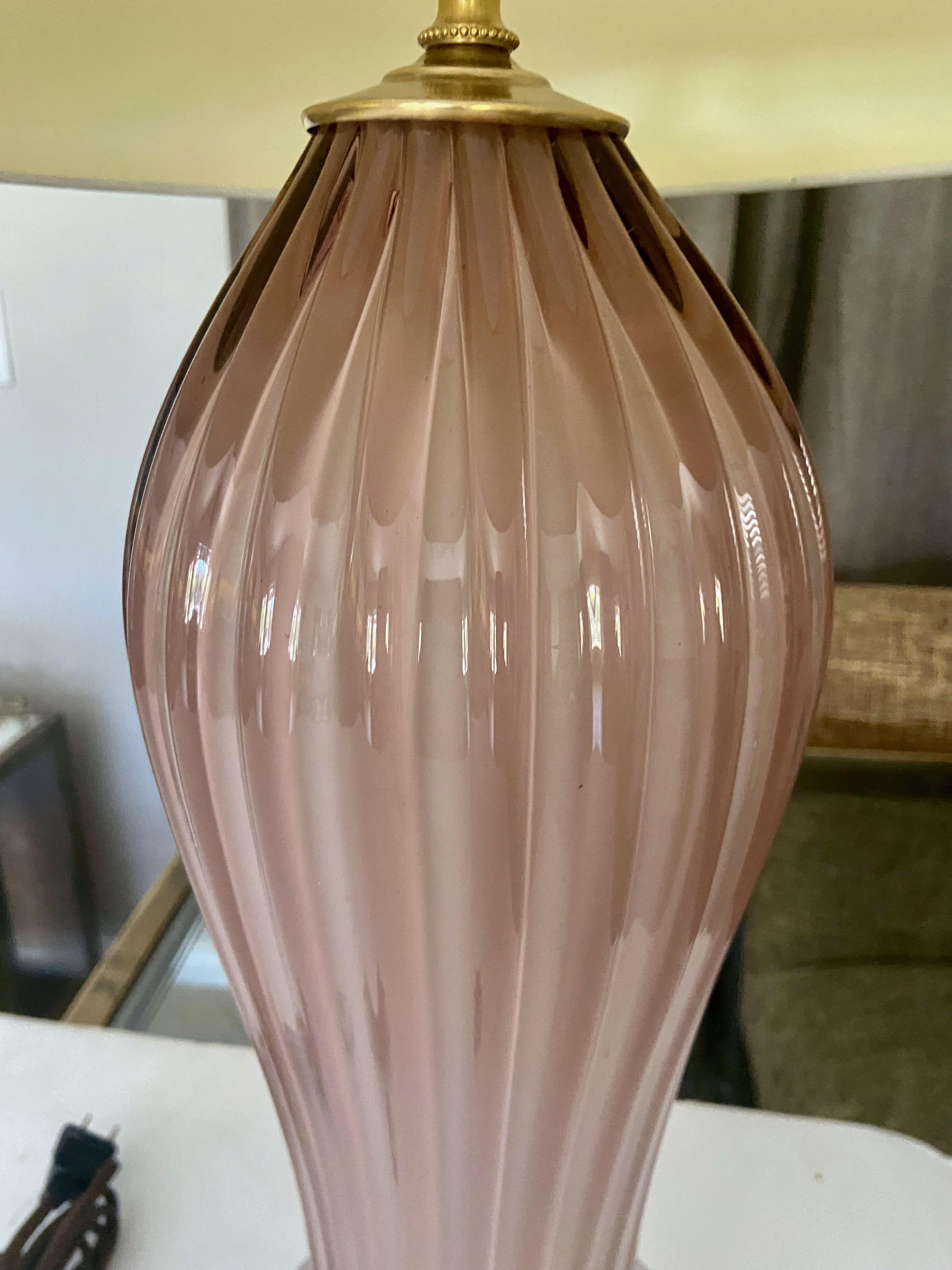 Murano Italian Pink Mauve Ribbed Glass Table Lamp 3