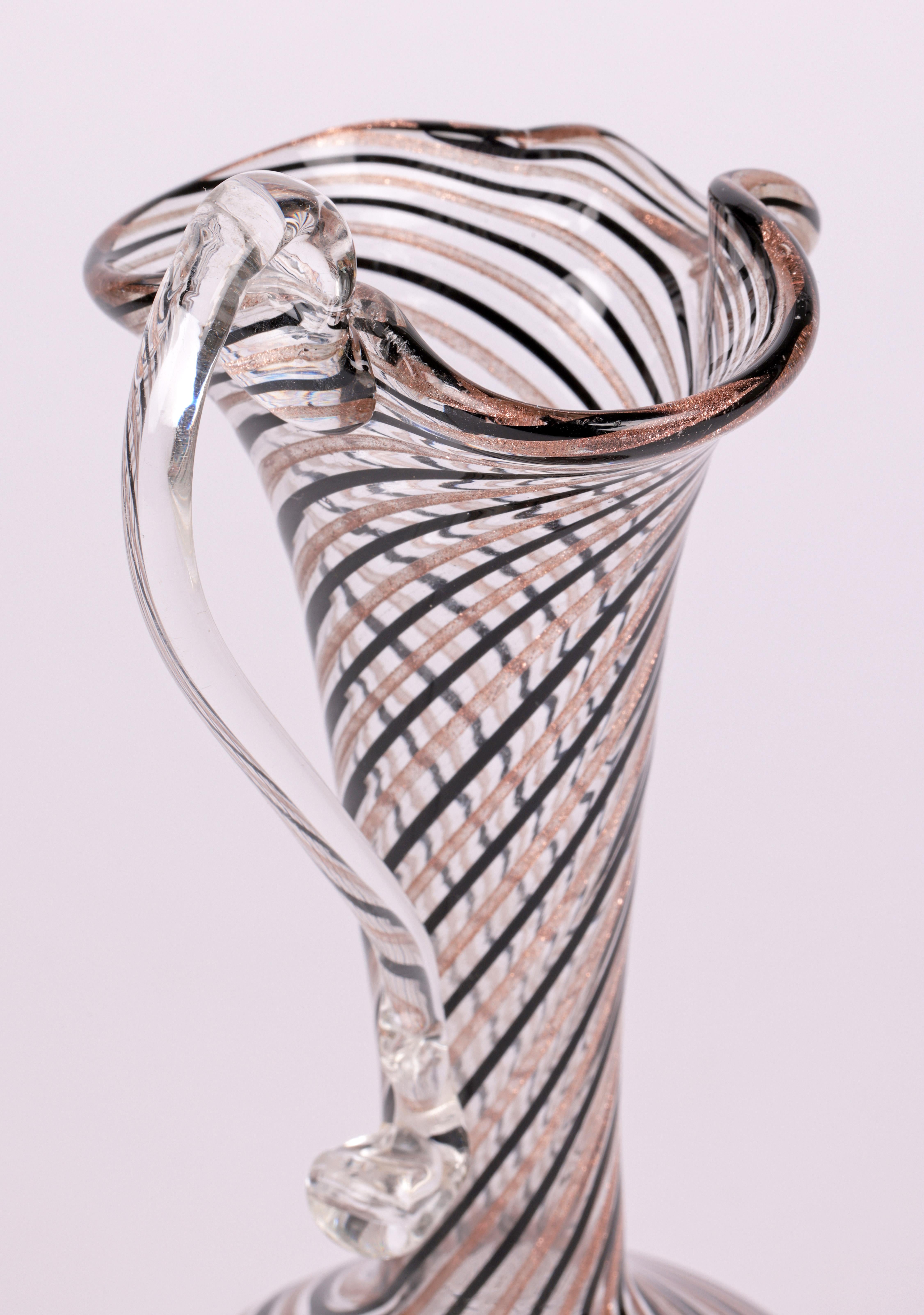 Hand-Crafted Murano Italian Ribbon Trailed Hand-Blown Art Glass Jug For Sale