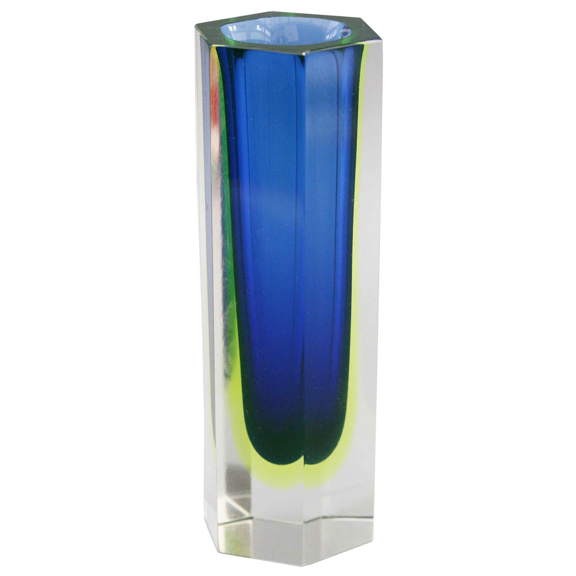 Murano Italian Sommerso Halo Blue and Uranium Hexagonal Cut Glass Vase