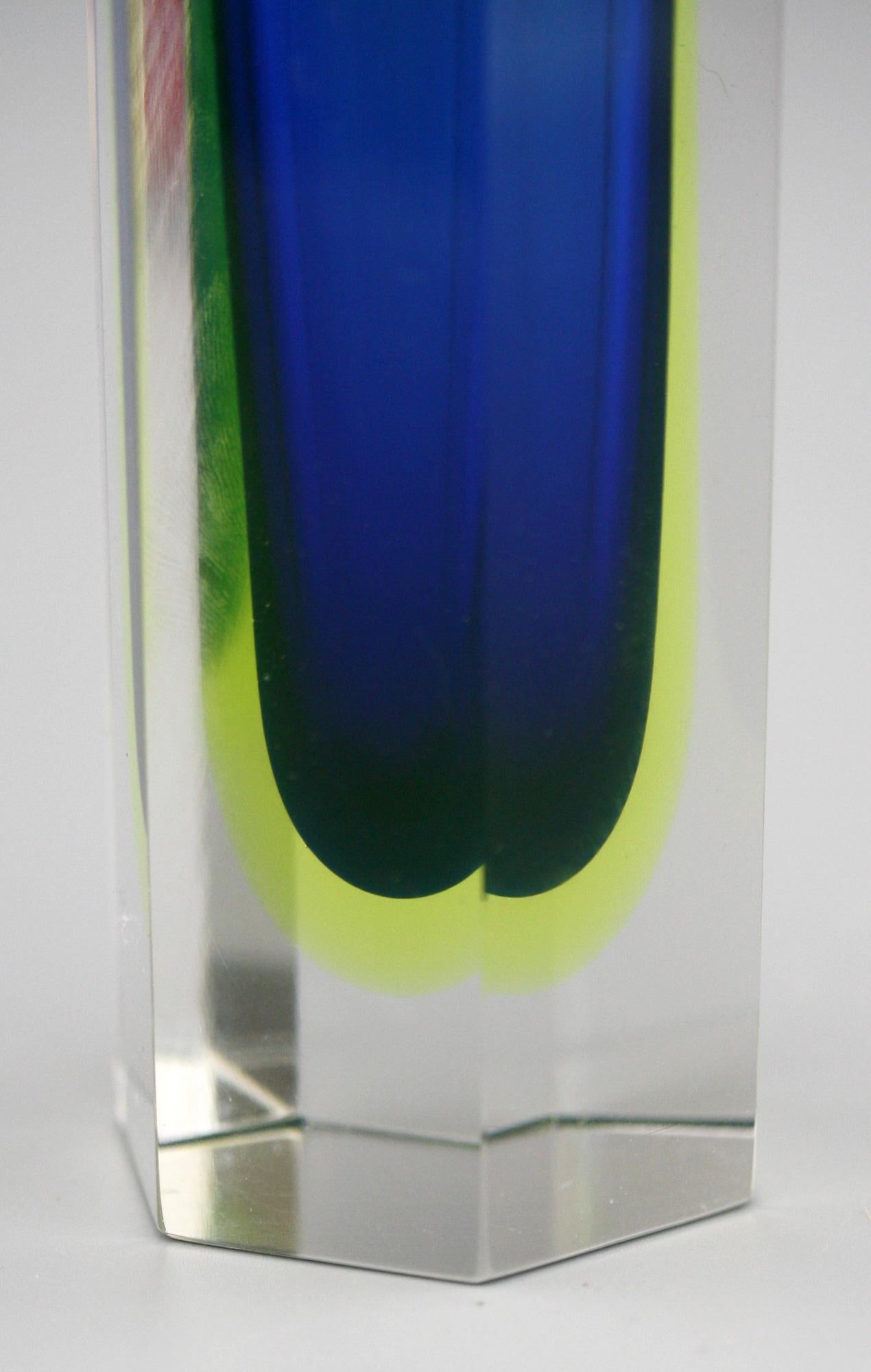 Murano Italian Sommerso Halo Blue and Uranium Hexagonal Cut Glass Vase 3
