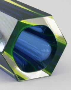 Murano Italian Sommerso Halo Blue and Uranium Hexagonal Cut Glass Vase