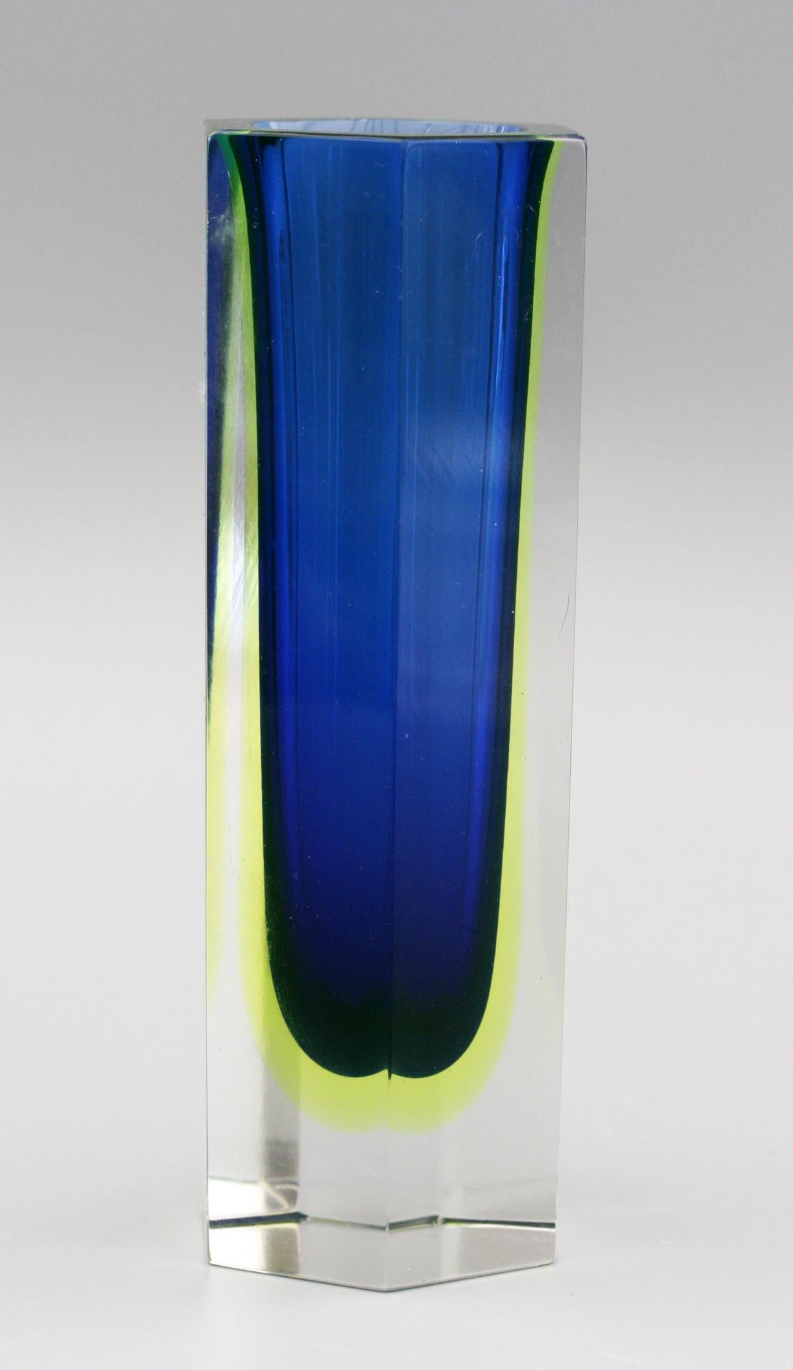 Murano Italian Sommerso Halo Blue and Uranium Hexagonal Cut Glass Vase 1