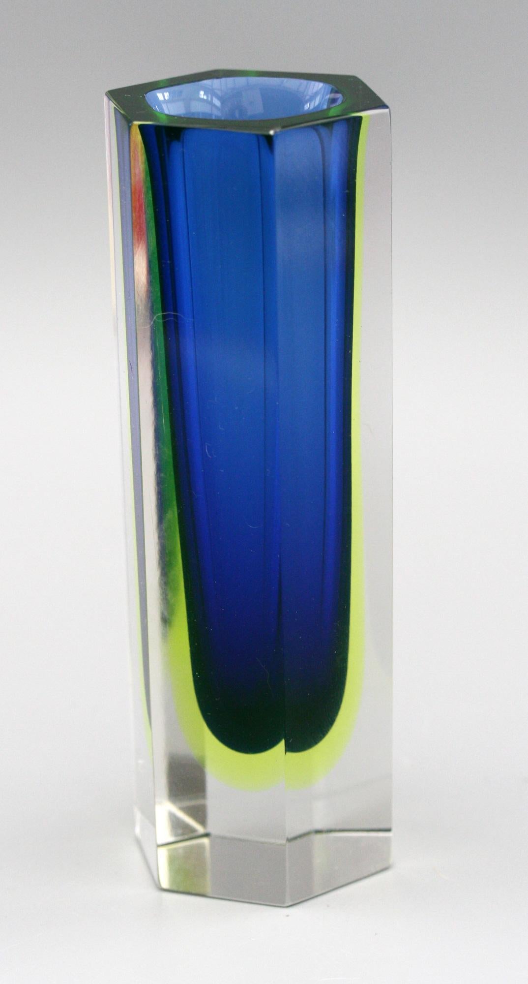 Murano Italian Sommerso Halo Blue and Uranium Hexagonal Cut Glass Vase 2