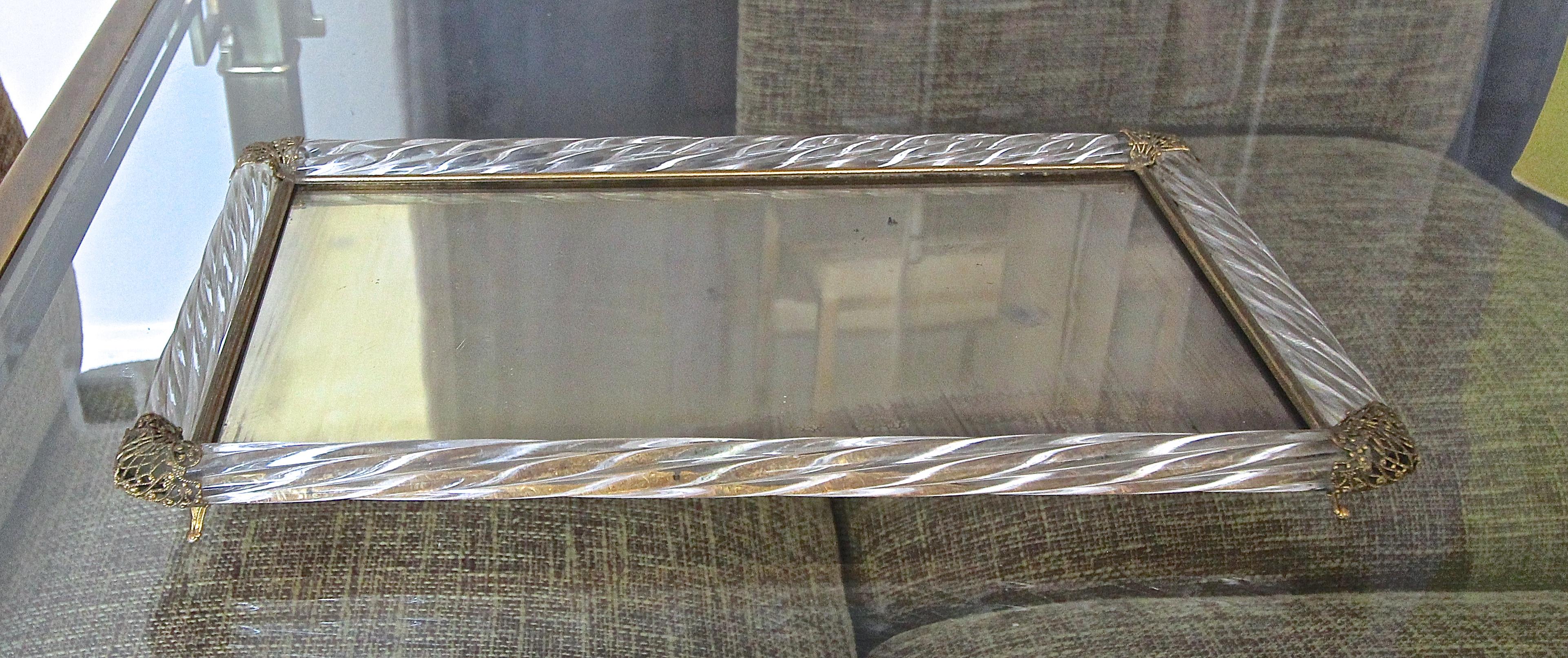 Murano Venetian mirror glass vanity tray surmounted by twisted blown glass with brass pierced detailing.