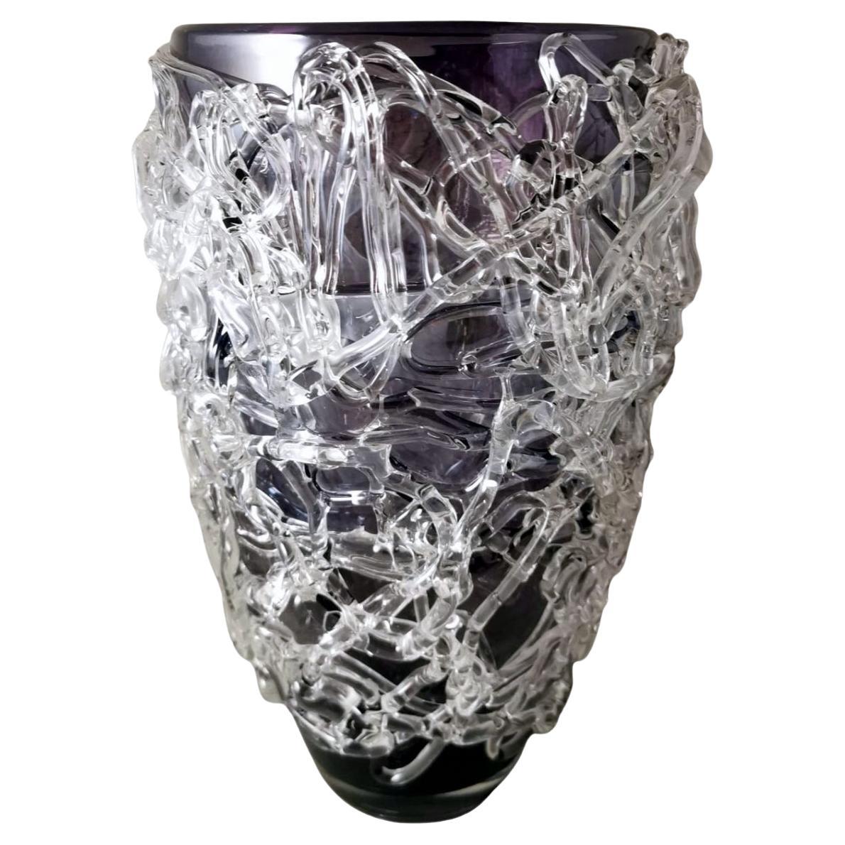 Murano Italian Vase With Glass Threads Applied In Bulk