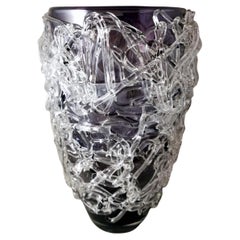 Retro Murano Italian Vase With Glass Threads Applied In Bulk