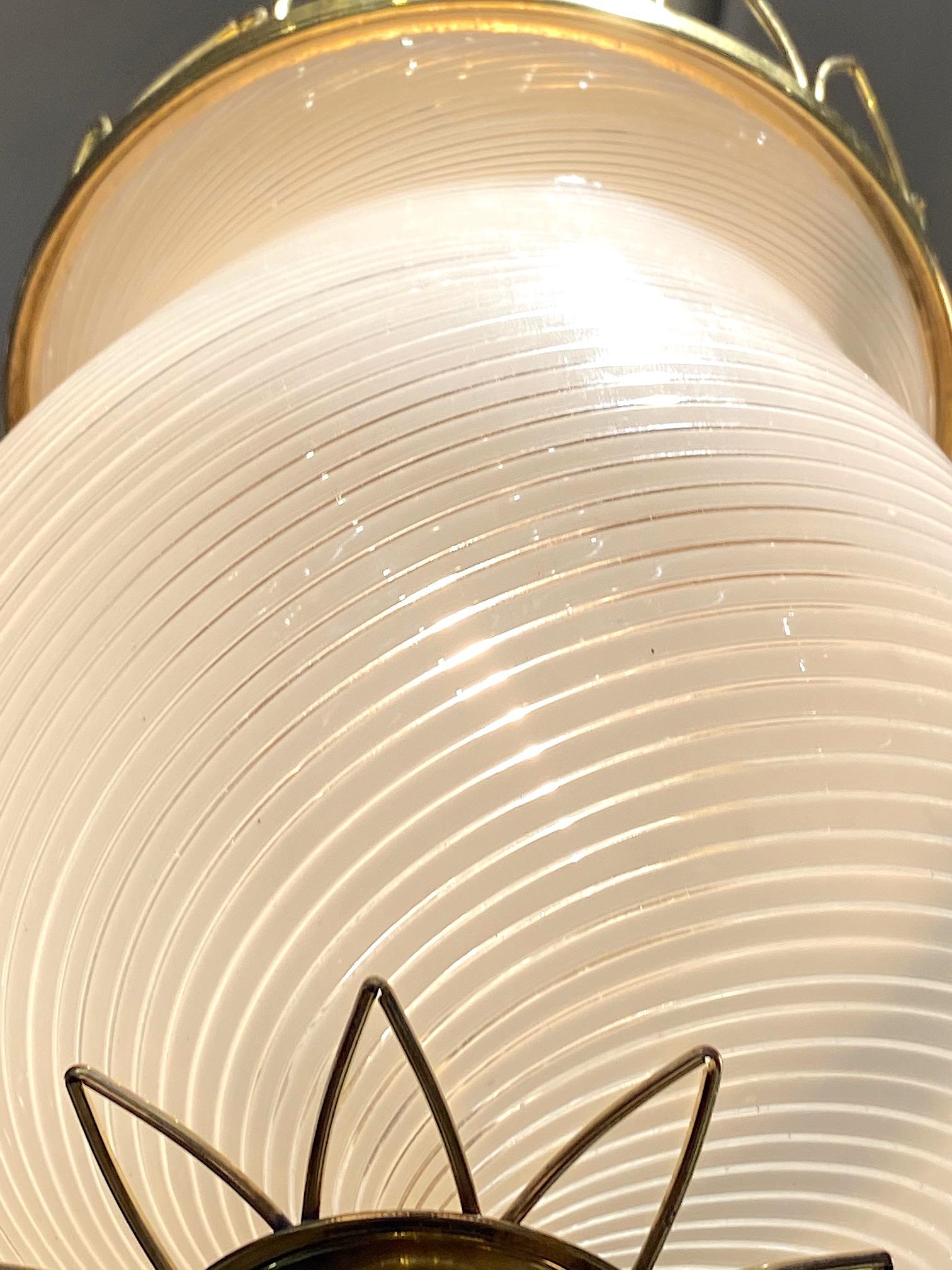 Murano, Italy 1950s Blown Stripe Glass Shade & Brass Lantern Pendant Light 5