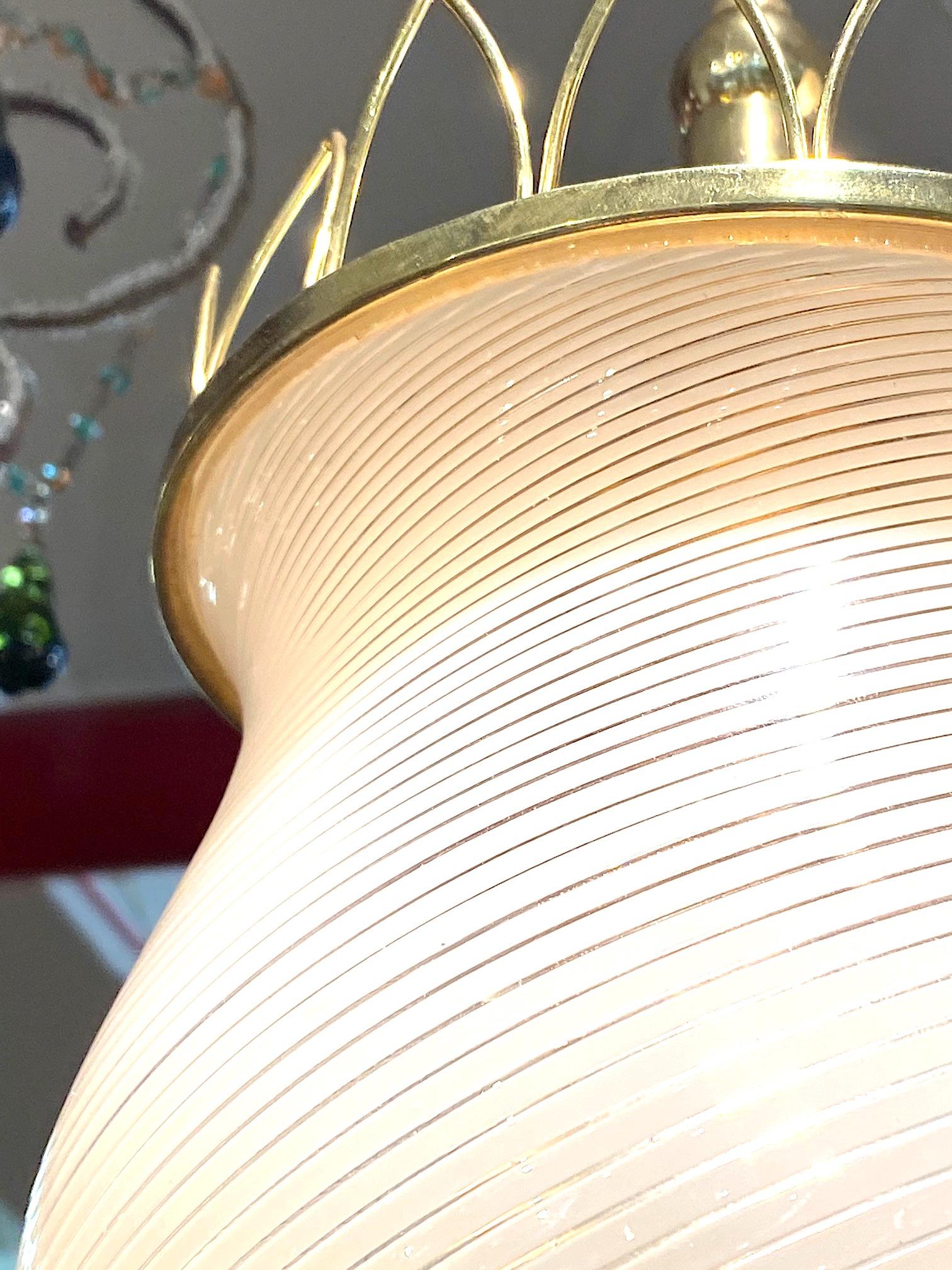 Murano, Italy 1950s Blown Stripe Glass Shade & Brass Lantern Pendant Light 6