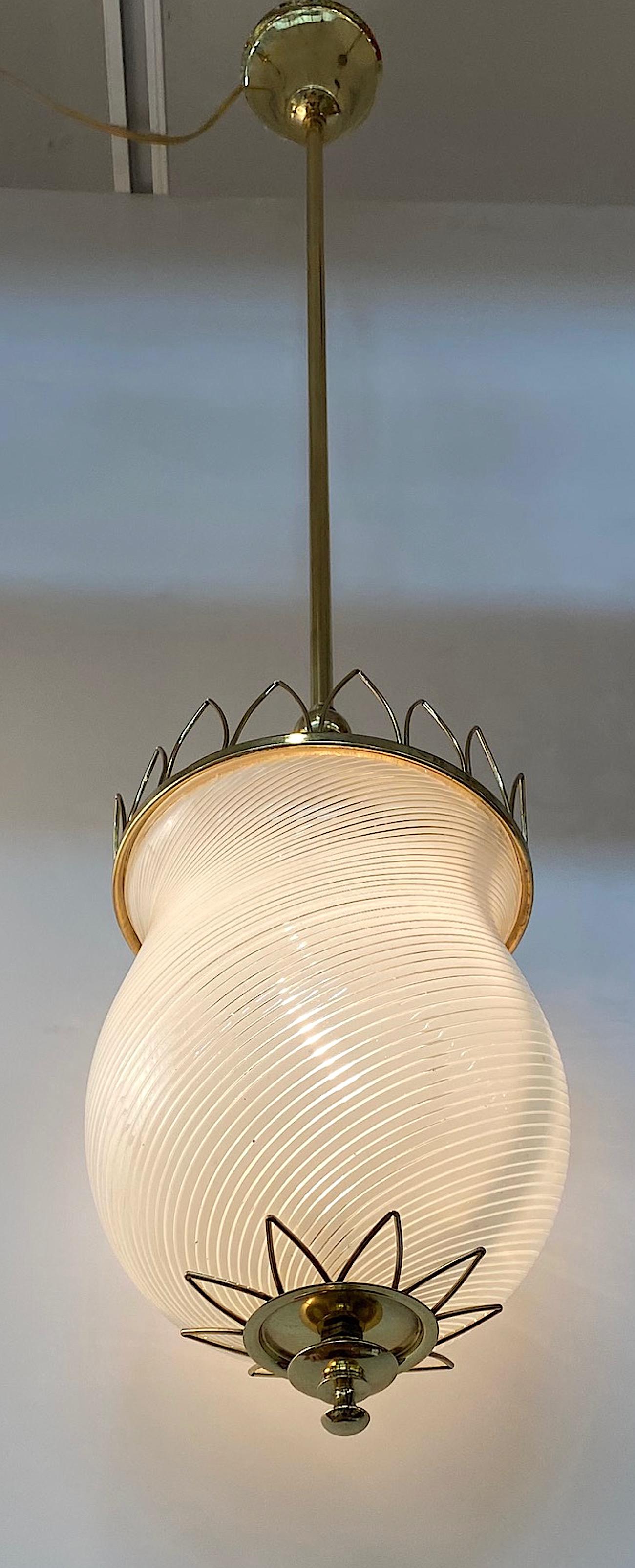 Murano, Italy 1950s Blown Stripe Glass Shade & Brass Lantern Pendant Light 7
