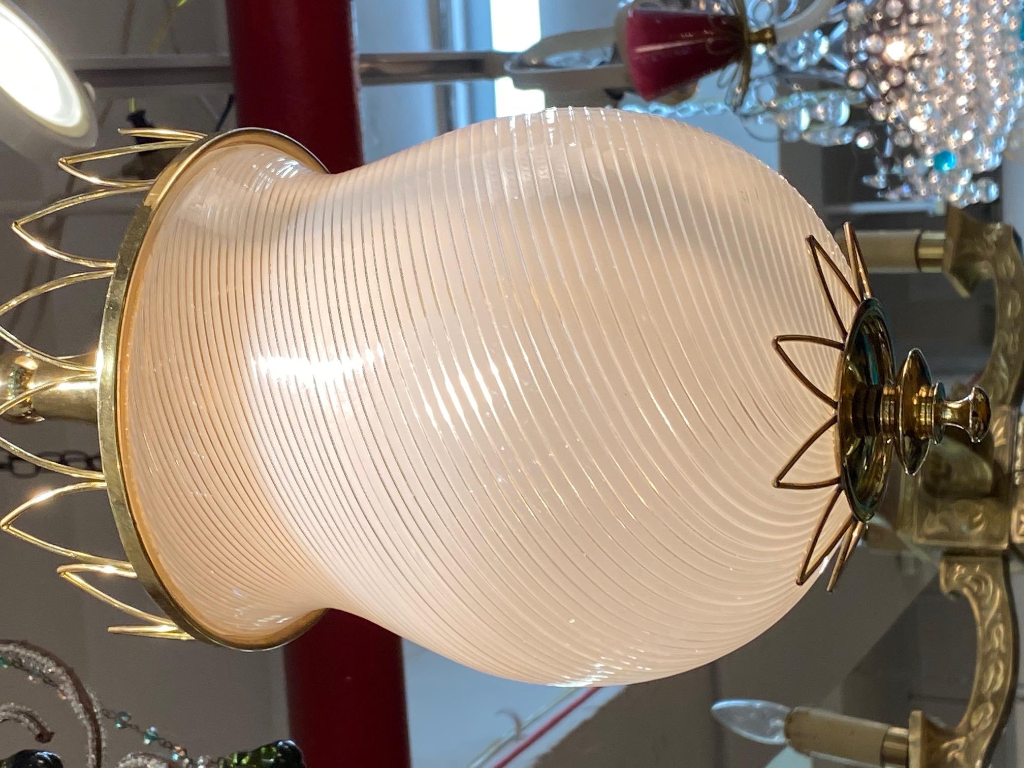 Murano, Italy 1950s Blown Stripe Glass Shade & Brass Lantern Pendant Light 8