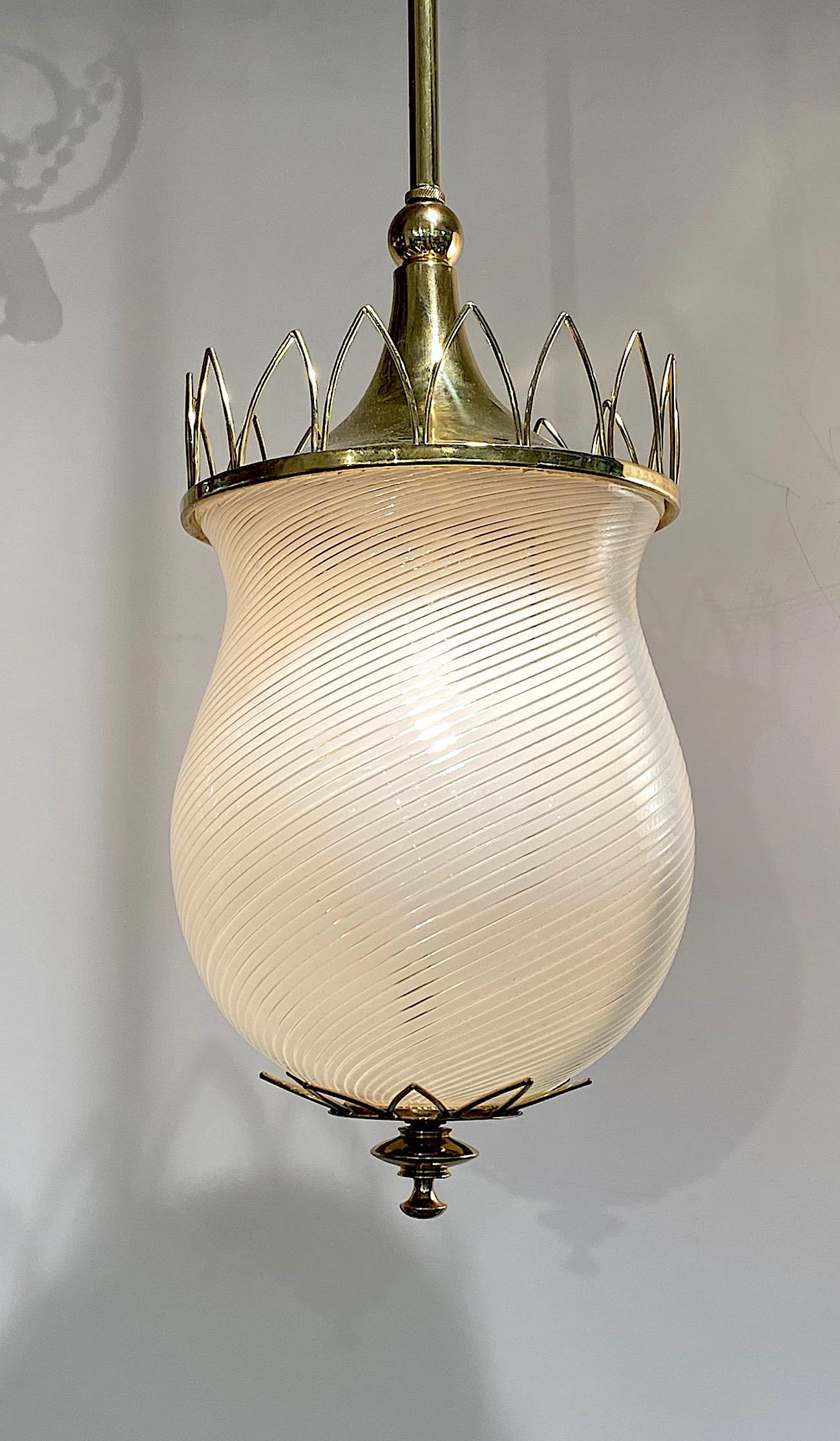 Mid-Century Modern Murano, Italy 1950s Blown Stripe Glass Shade & Brass Lantern Pendant Light