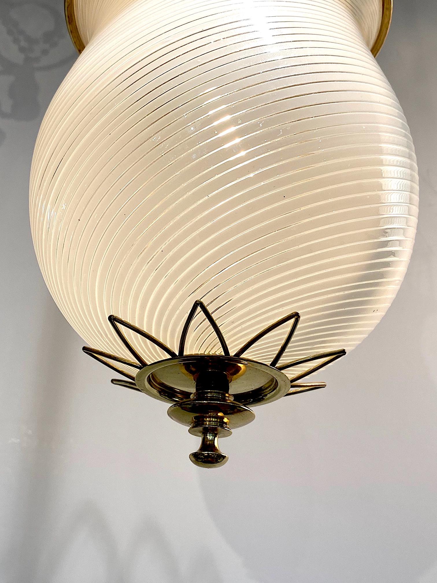 Italian Murano, Italy 1950s Blown Stripe Glass Shade & Brass Lantern Pendant Light
