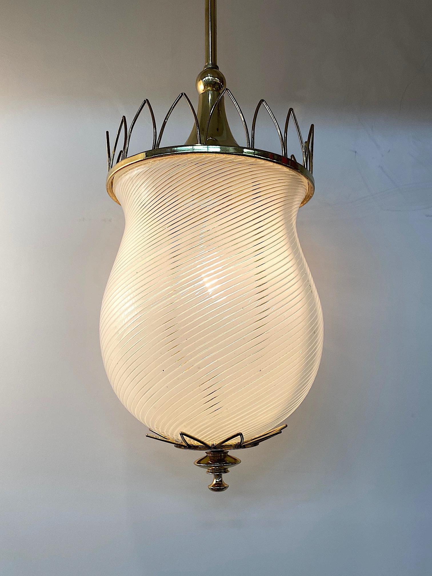 Mid-20th Century Murano, Italy 1950s Blown Stripe Glass Shade & Brass Lantern Pendant Light