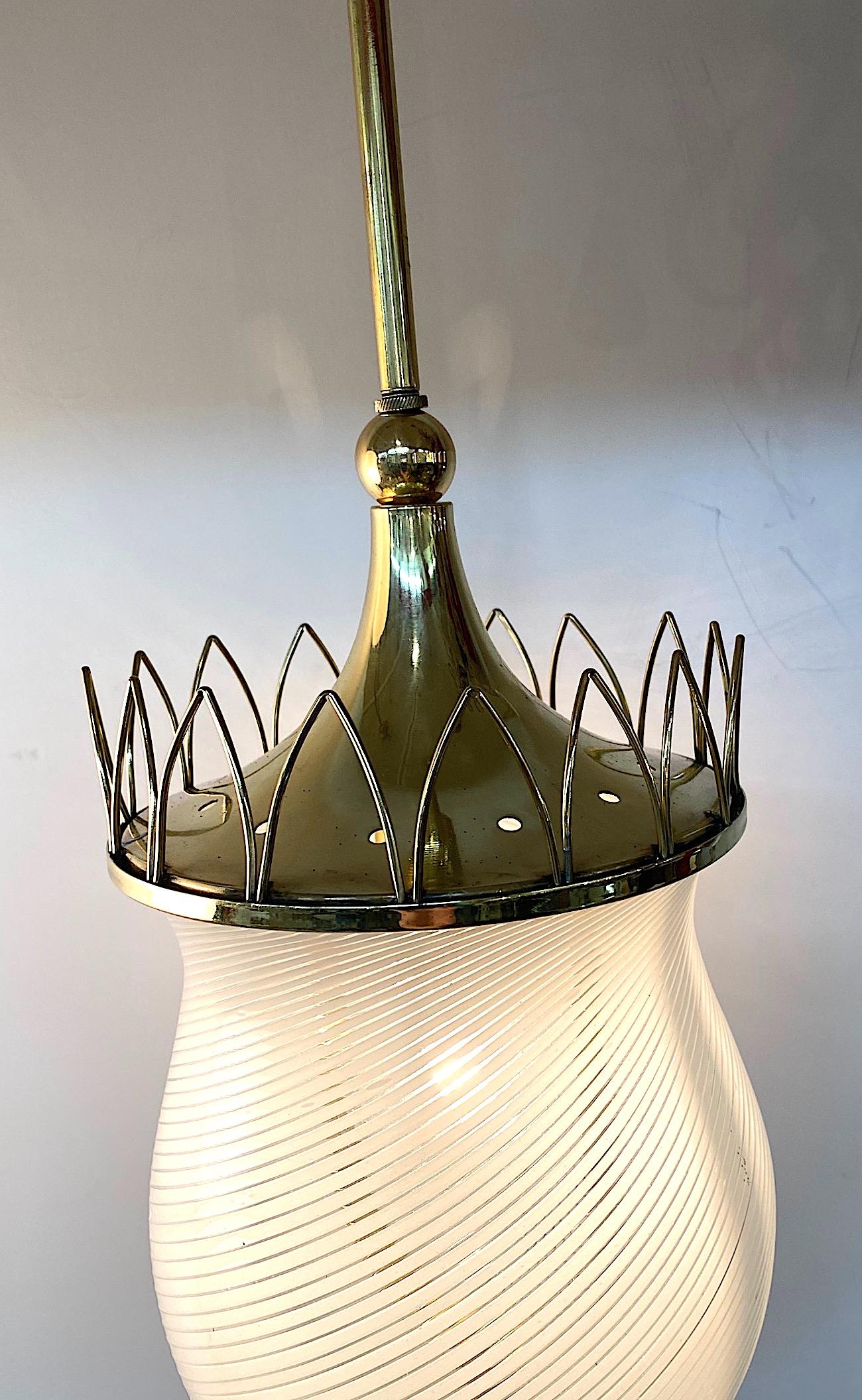 Murano, Italy 1950s Blown Stripe Glass Shade & Brass Lantern Pendant Light 2