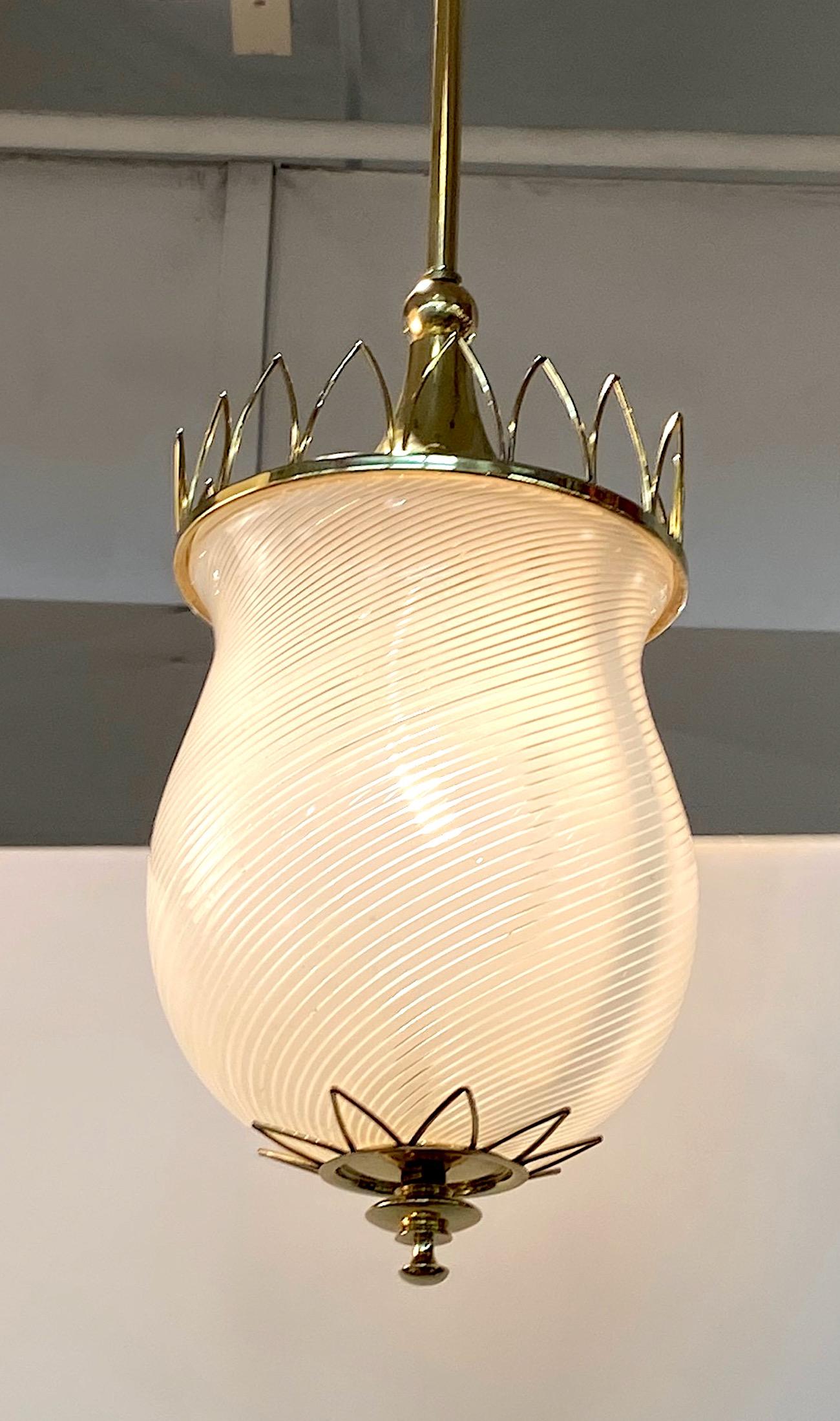 Murano, Italy 1950s Blown Stripe Glass Shade & Brass Lantern Pendant Light 3