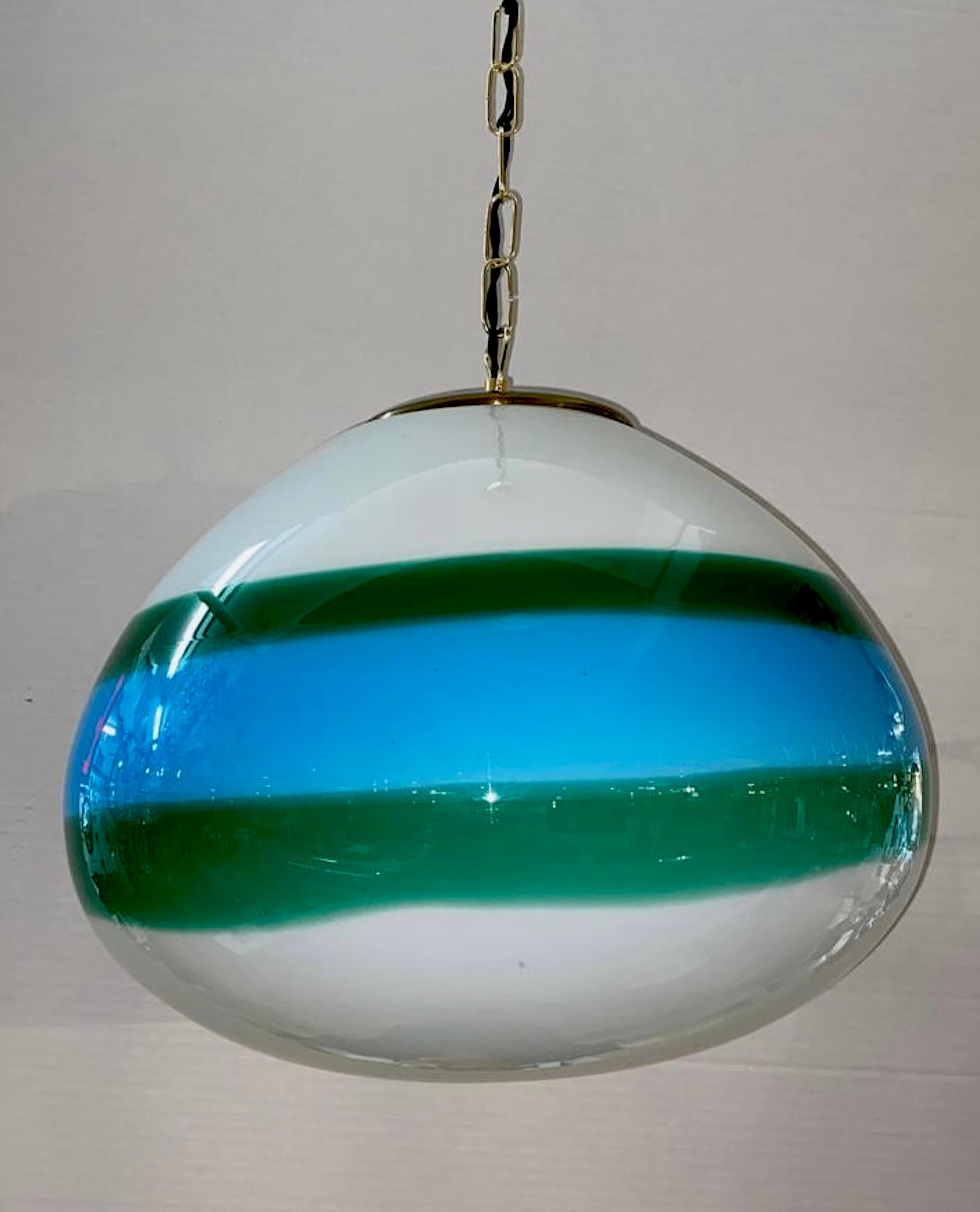 Murano, Italy 1960's Green & Blue Hand Blown Glass Pendant Light 3