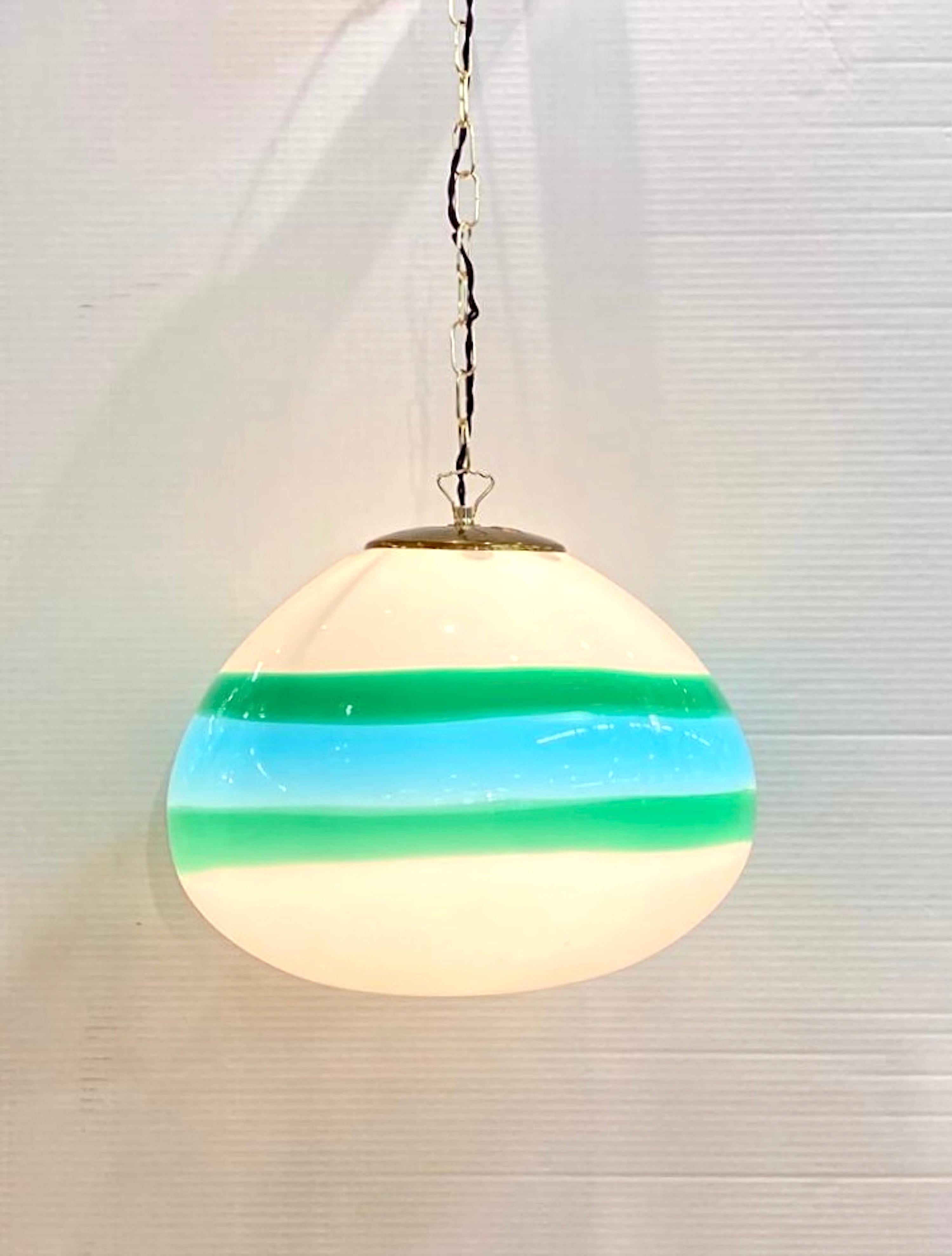 Murano, Italy 1960's Green & Blue Hand Blown Glass Pendant Light In Good Condition In New York, NY