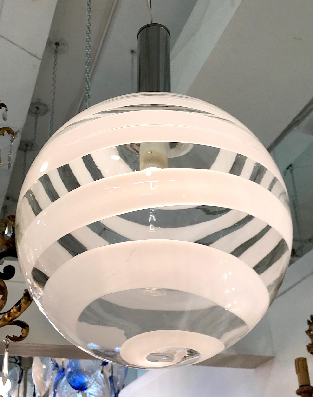 Murano, Italy 1970s Clear and White Stripe Globe Fixture 6