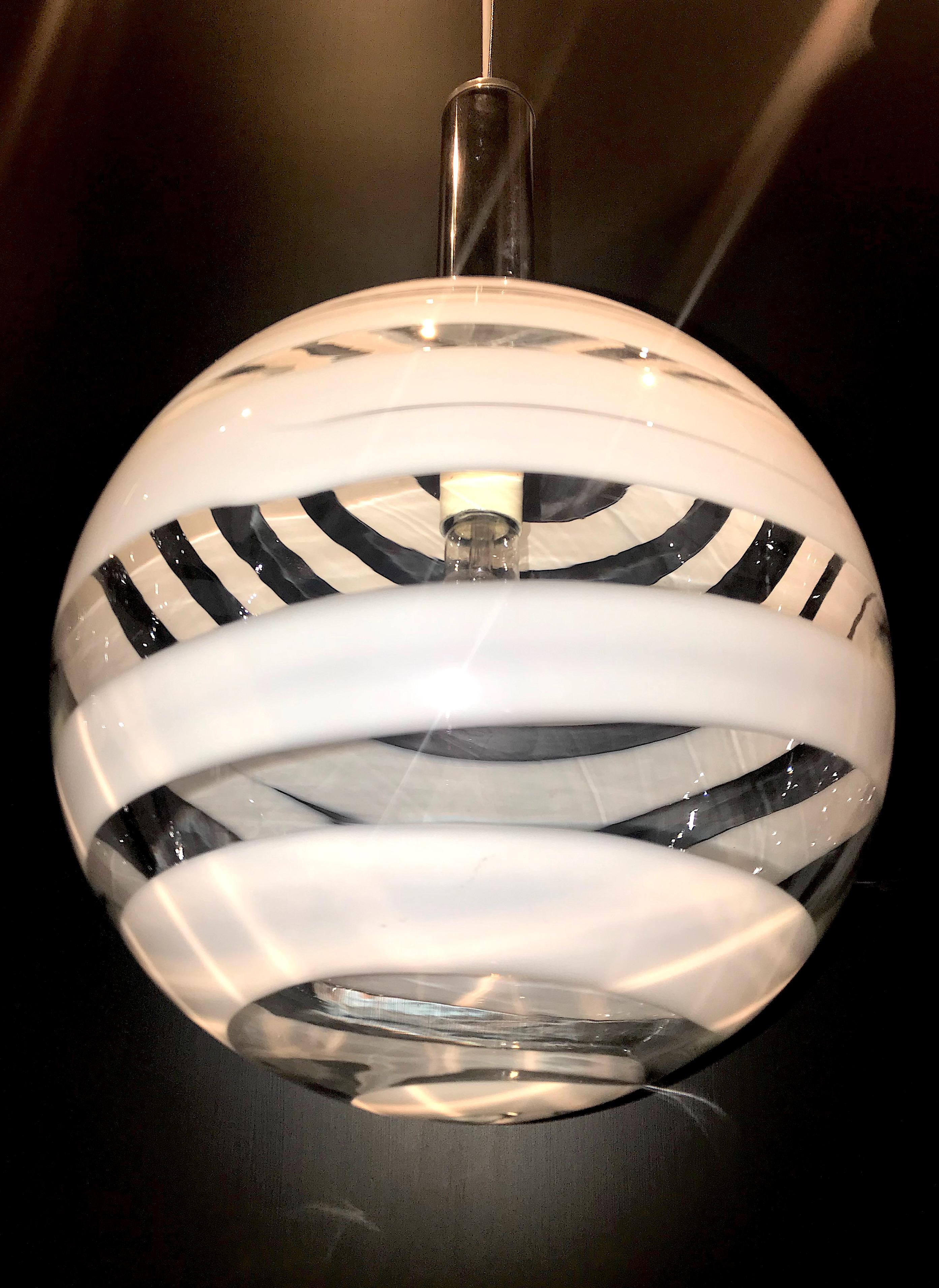 Mid-Century Modern Murano, Italy 1970s Clear and White Stripe Globe Fixture