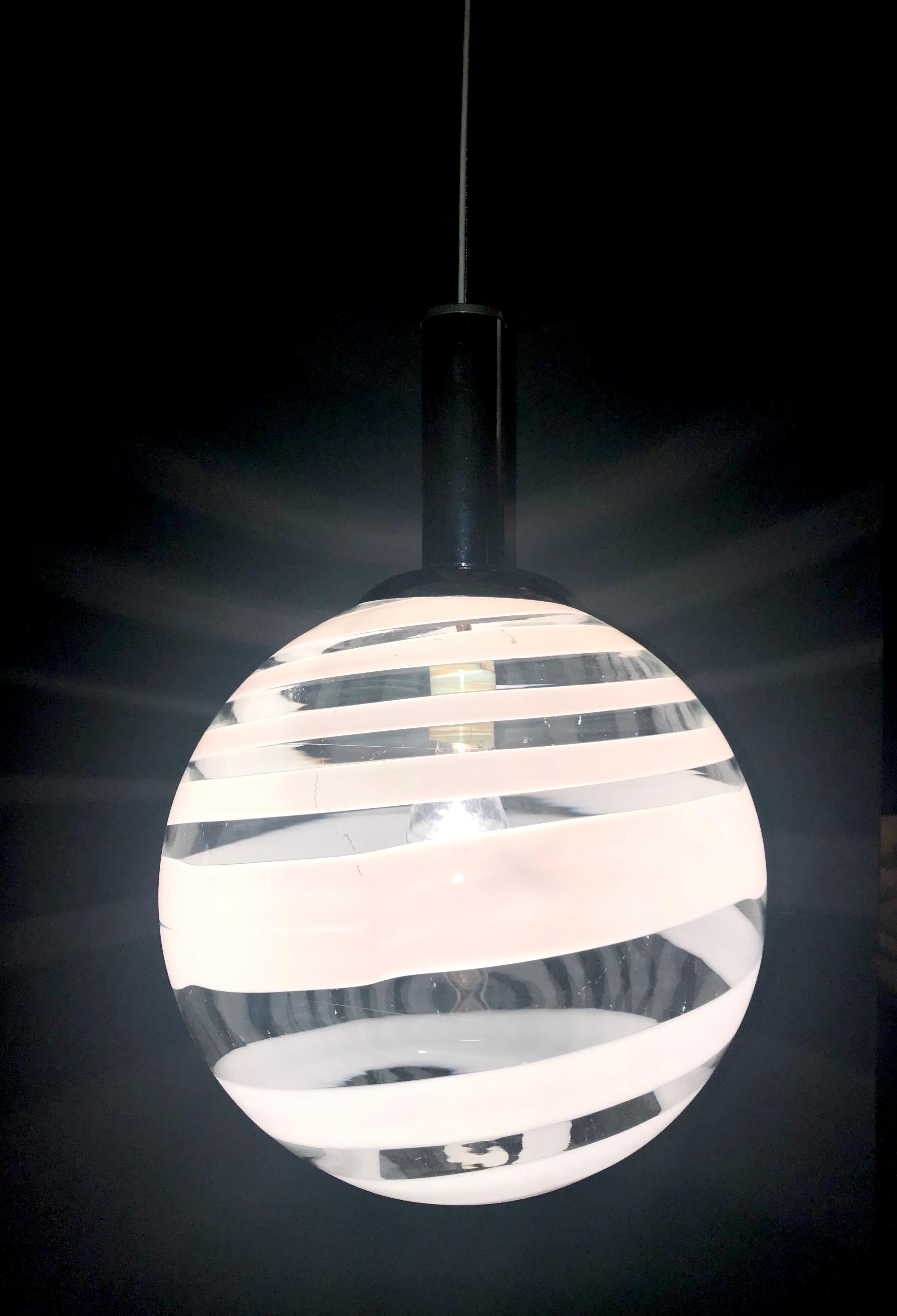 Late 20th Century Murano, Italy 1970s Clear and White Stripe Globe Fixture