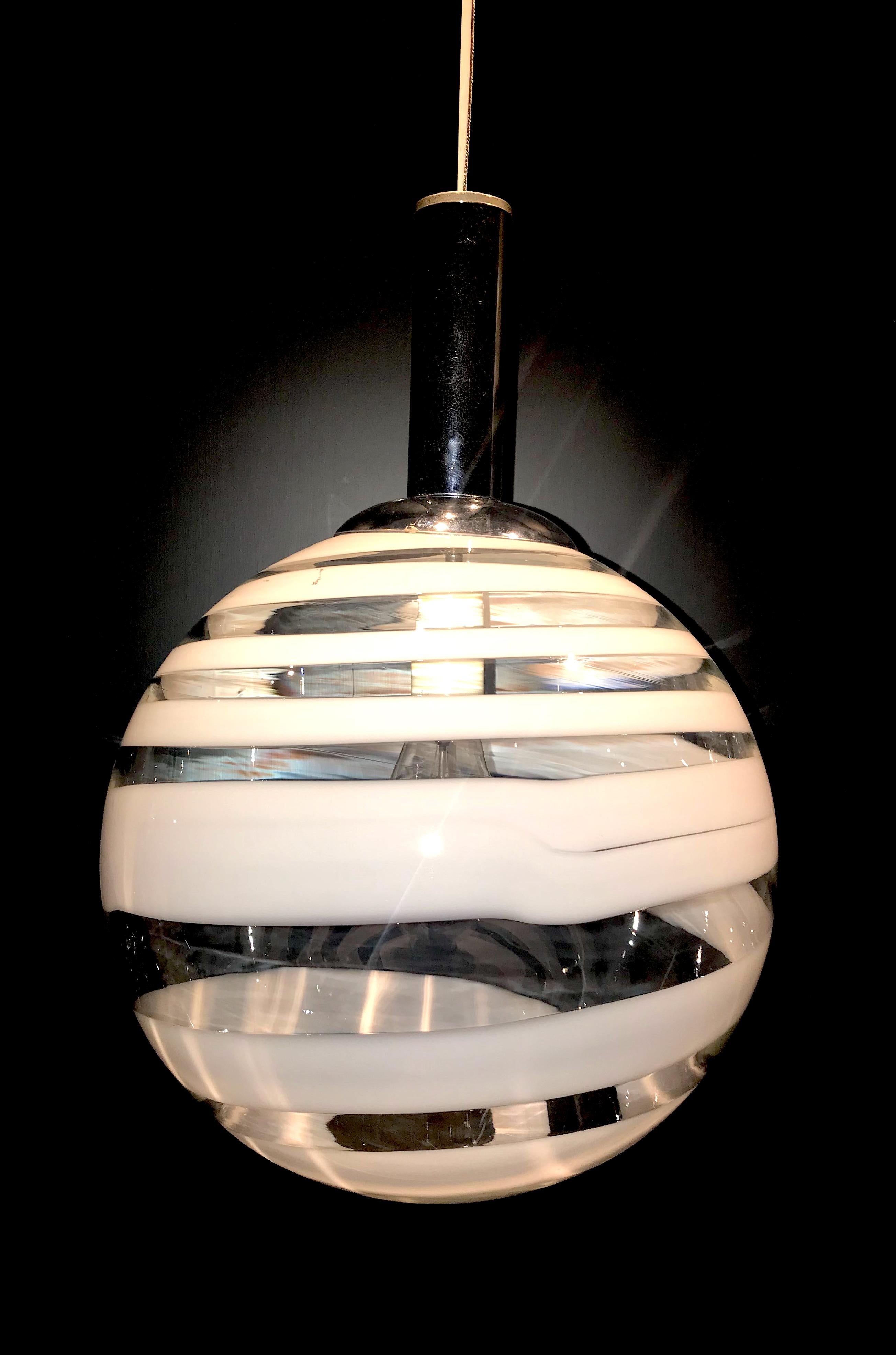 Blown Glass Murano, Italy 1970s Clear and White Stripe Globe Fixture