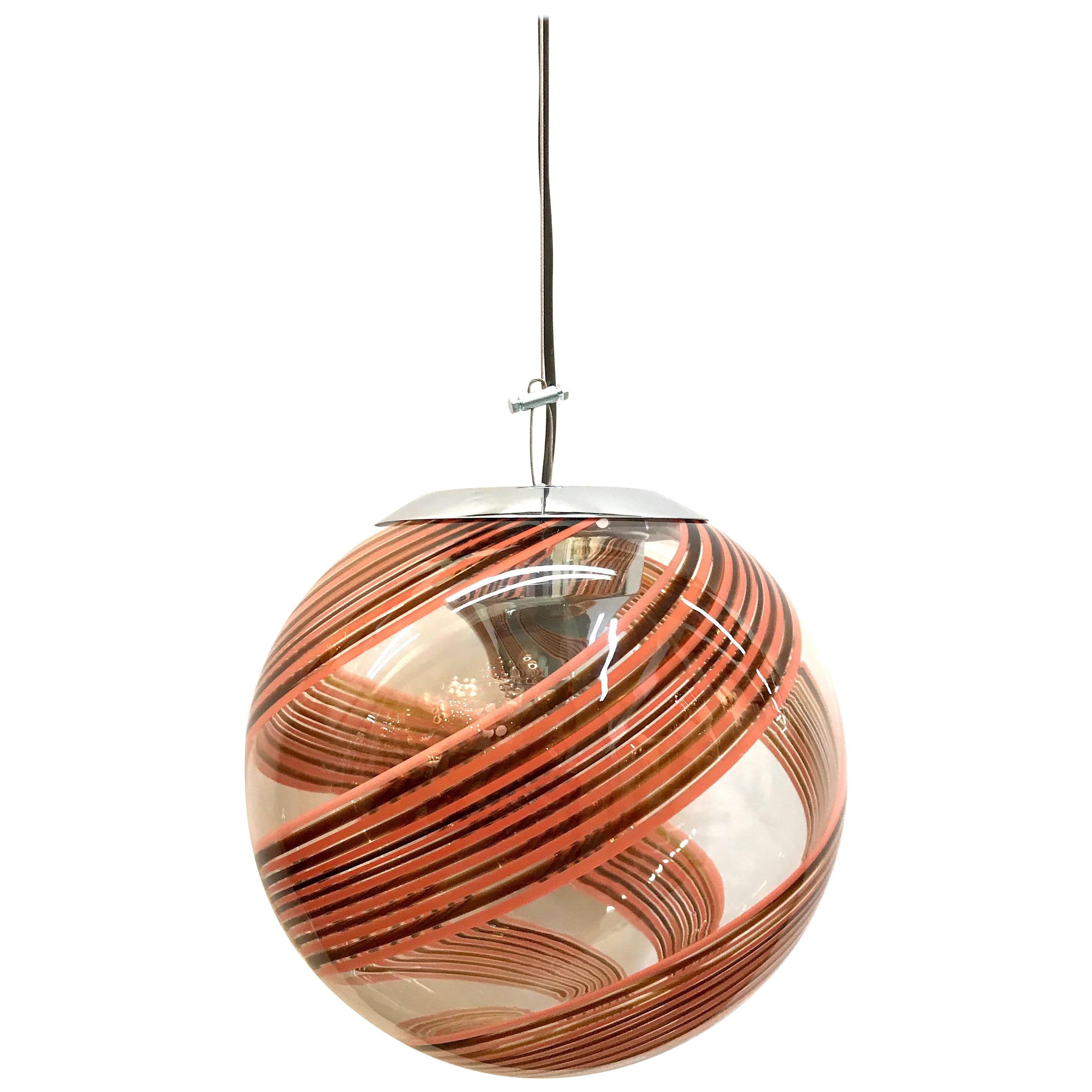 Murano Italy, 1970s Clear with Amber and Blush Spiral Globe Pendant