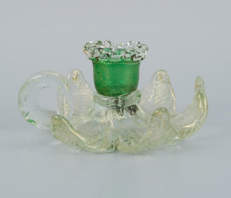Italian Murano, Italy, a Pair of Low Candlesticks in Green and Clear Art Glass, 1960/70s For Sale