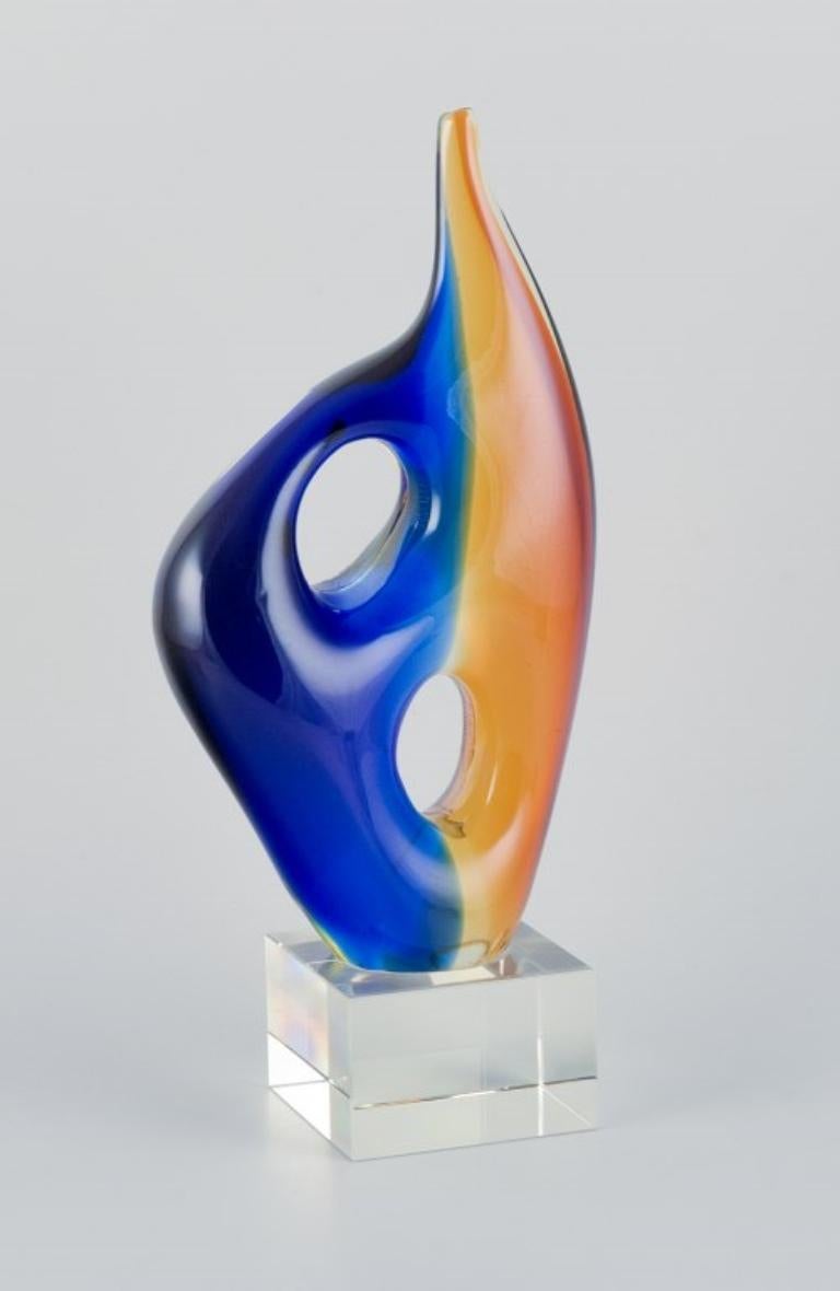 Mid-Century Modern Murano, Italy. Art glass sculpture in blue and orange glass. For Sale